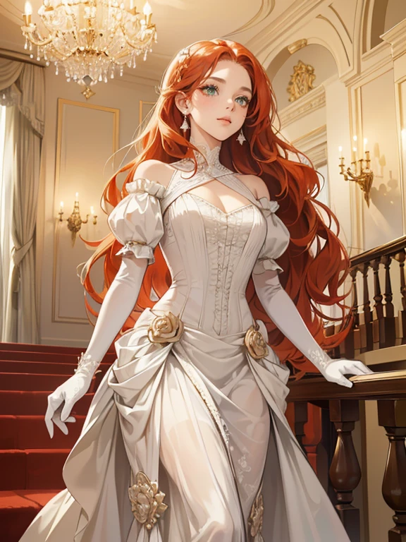 (absurdres, highres, ultra detailed), 1 woman, solo, (1 female with red-orange hair, long wavy hair, diamond jewelry on her hair, wearing white ballroom dress, wearing a white mask with lace and diamonds, low cut dress, showing neck, clavicles, shoulders exposed, evening dress, white dress with puffy sleeves, long white gloves, minimal make up, green eyes, expression: blushing shyly)(pose: walking down a grand staircase while holding her skirt)(background: ballroom, victorian ballroom, cool evening lighting, evening sky seen through the french windows, chandelier on ceiling)