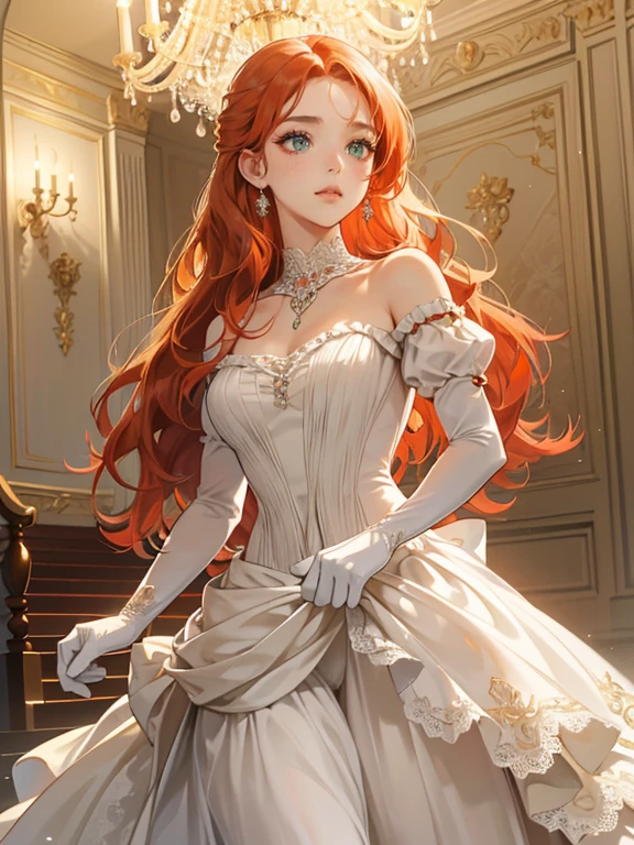 (absurdres, highres, ultra detailed), 1 woman, solo, (1 female with red-orange hair, long wavy hair, diamond jewelry on her hair, wearing white ballroom dress, wearing a white mask with lace and diamonds, low cut dress, showing neck, clavicles, shoulders exposed, evening dress, white dress with puffy sleeves, long white gloves, minimal make up, green eyes, expression: blushing shyly)(pose: walking down a grand staircase while holding her skirt)(background: ballroom, victorian ballroom, cool evening lighting, evening sky seen through the french windows, chandelier on ceiling)