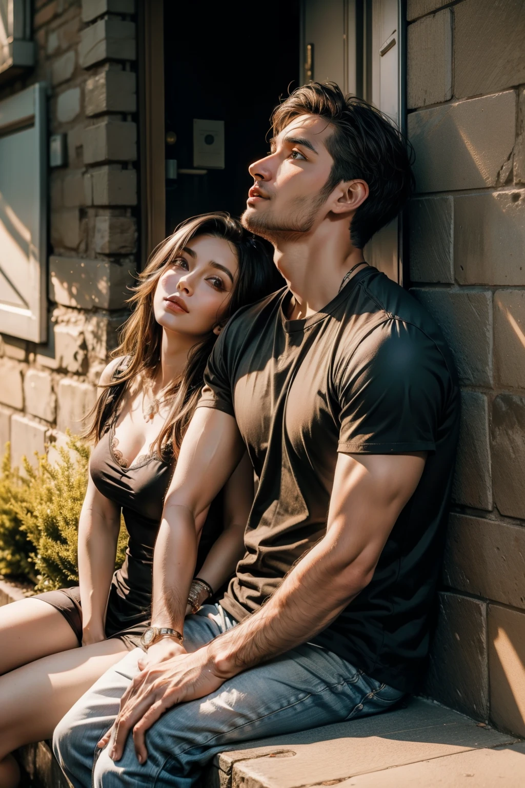 A normal guy is sitting against a wall looking up at his wife.