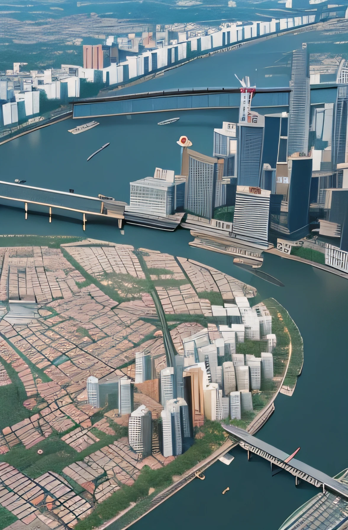 From above、map、A tourist destination that combines modern and old buildings、Intersecting terrain with river and bridge visible、There are no people、kuala lumpur、Yokohama、Bangkok、noon、Consists of precise lines and surfaces、4K、A building without failure