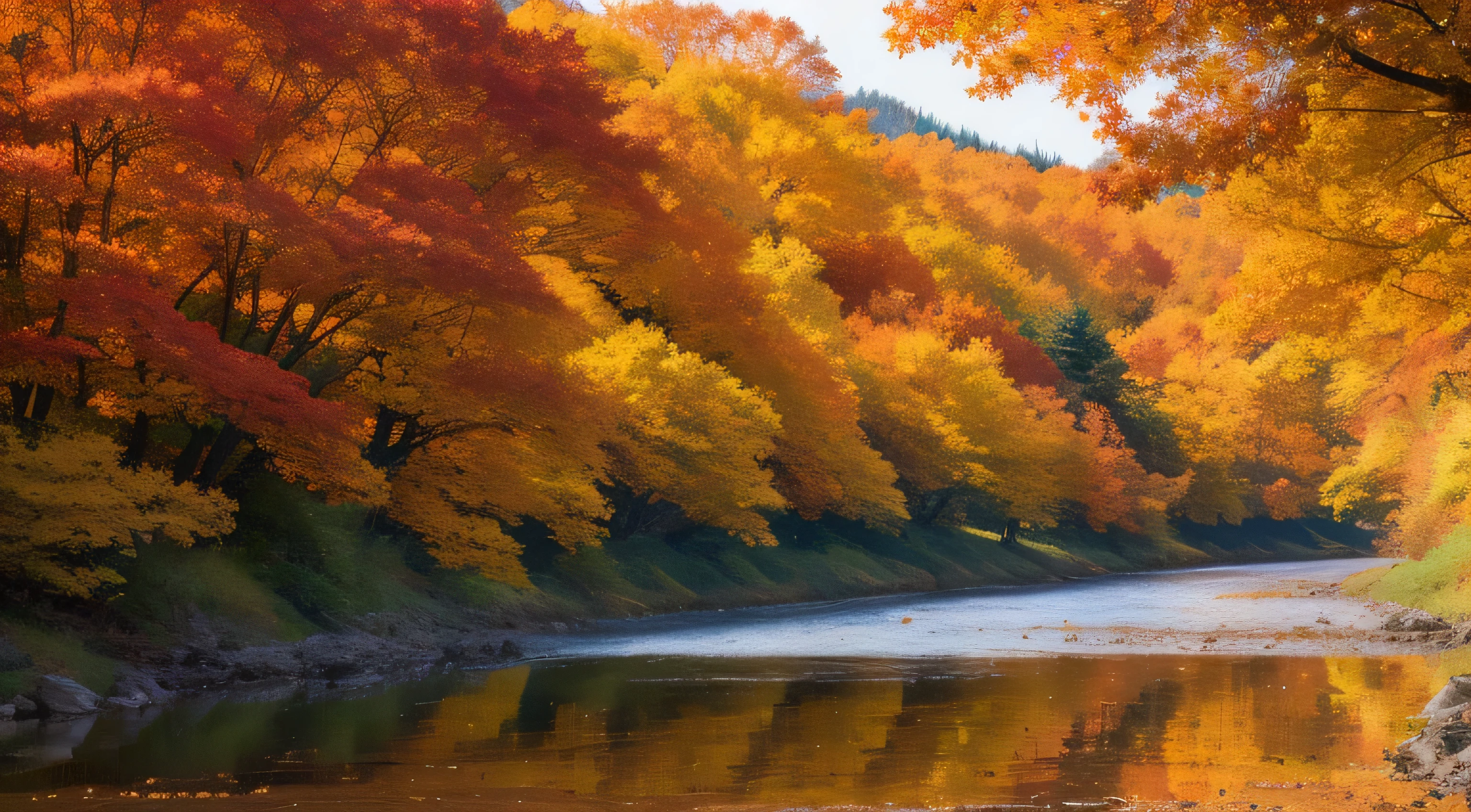 Trees in autumn along the river々colored, japanese nature, landscape photography, forest and river, beautiful scenery, beautiful scenery, beginning of autumn, nature scenery, in autumn, yoshifumi ushima, heroine japan vivid landscape, rich picturesque colors, autumn leaves,