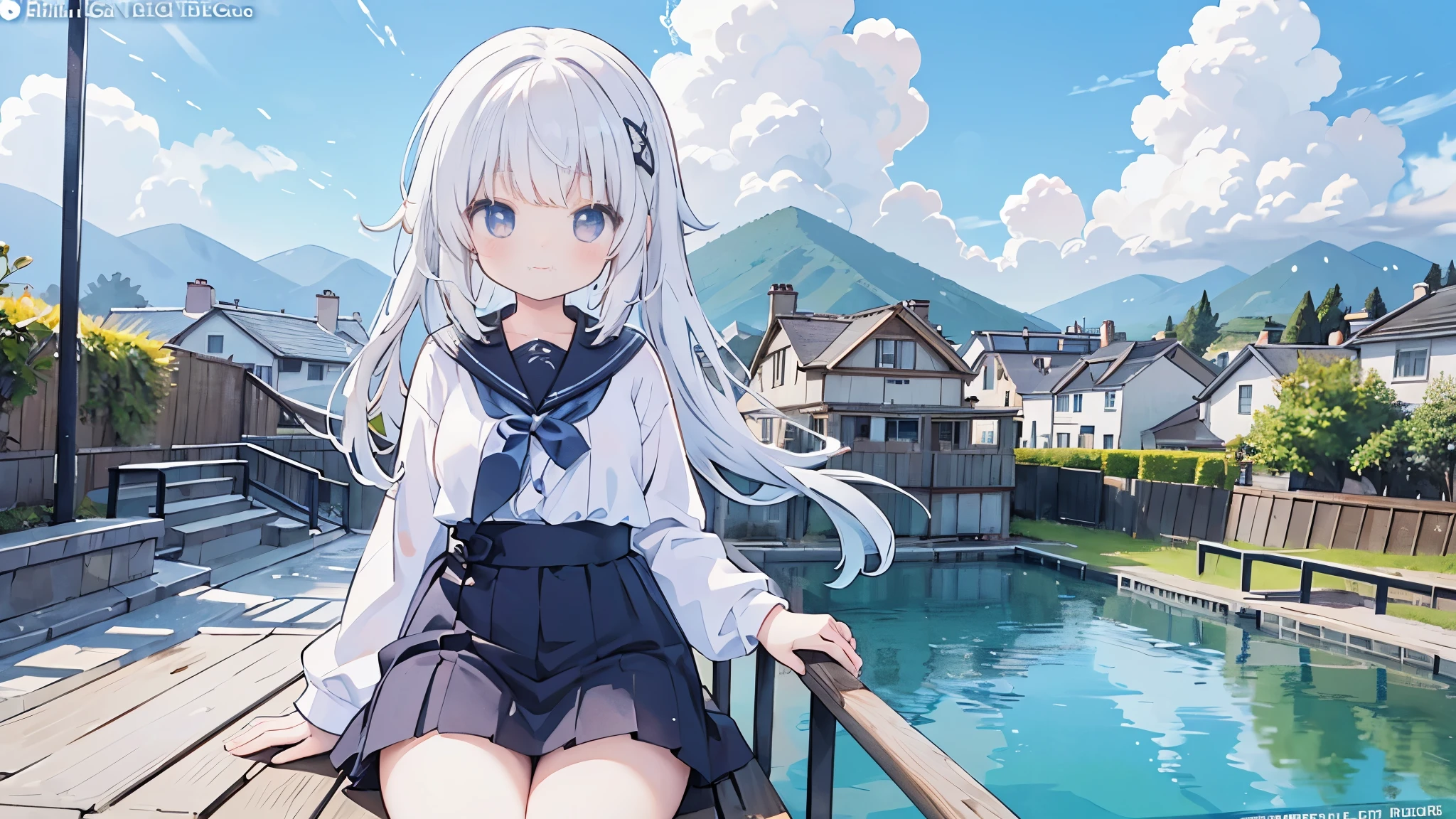 Anime girl sitting on the pier，In the background is a pond, perfect white haired girl, Splash art anime , Anime visual of a cute girl, White-haired god, Curvy little ****, white hair girl, anime style 4k, gray hair, anime long hair girl, White-haired, cute anime girl, ***********