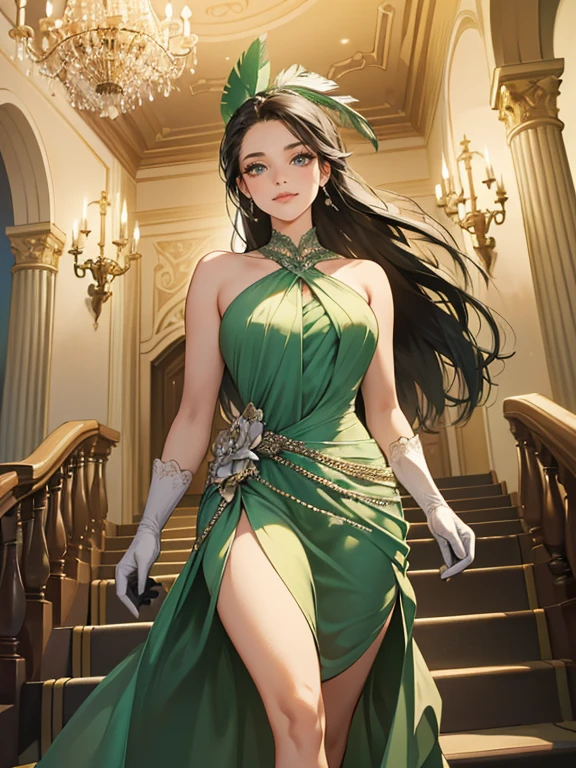 (absurdres, highres, ultra detailed), 1 woman, solo, (1 female with black hair, long straight hair,  wearing a green and silver ballroom dress, wearing a green mask with green feathers, low cut dress, showing neck, clavicles, shoulders exposed, evening dress, gloves, eyeliner, thick eyelashes, brown eyes, expression: proud smile)(pose: walking down a grand staircase while holding her skirt)(background: ballroom, victorian ballroom, cool evening lighting, evening sky seen through the french windows, chandelier on ceiling)