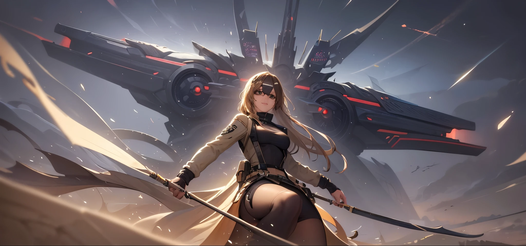 ((Best quality)), ((masterpiece)), ((realistic)), ((Best quality)), ((masterpiece)), ((realistic)), Girl walking in desert, extremely small pointy breasts, looking tired, wearing sci-fi rebel khaki Loose-fitting futuristic clothing Long-sleeved shirts and pants, Hagger, Sunglasses, very beautiful, in a natural and casual style on eye level, scenic, masterpiece, (high res.), original, extremely detailed 8K , (photorealistic:1.4),flawless face, perfect eyes, symmetrical body shape, smile, 