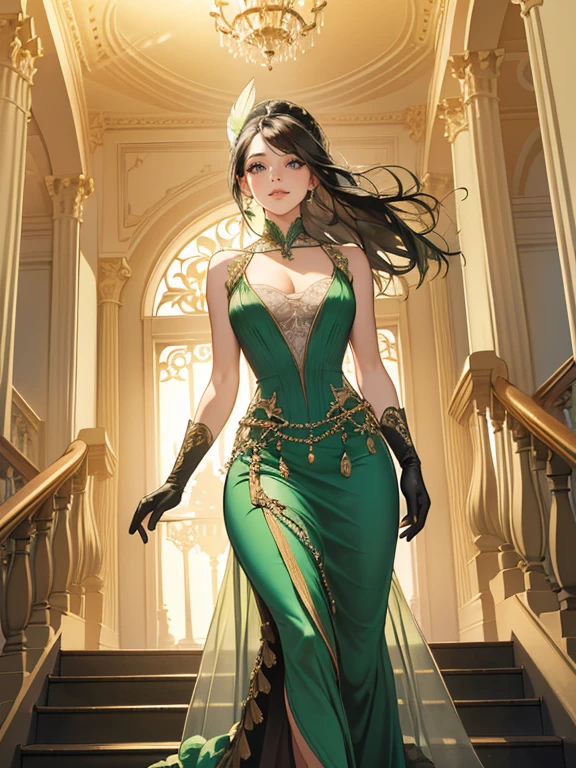 (absurdres, highres, ultra detailed), 1 woman, solo, (1 female with black hair, long straight hair, wearing a green and silver ballroom dress, tan skin, wearing a green mask with green feathers, low cut dress, showing neck, clavicles, shoulders exposed, evening dress, gloves, eyeliner, thick eyelashes, brown eyes, expression: proud smile)(pose: walking down a grand staircase while holding her skirt)(background: ballroom, victorian ballroom, cool evening lighting, evening sky seen through the french windows, chandelier on ceiling)