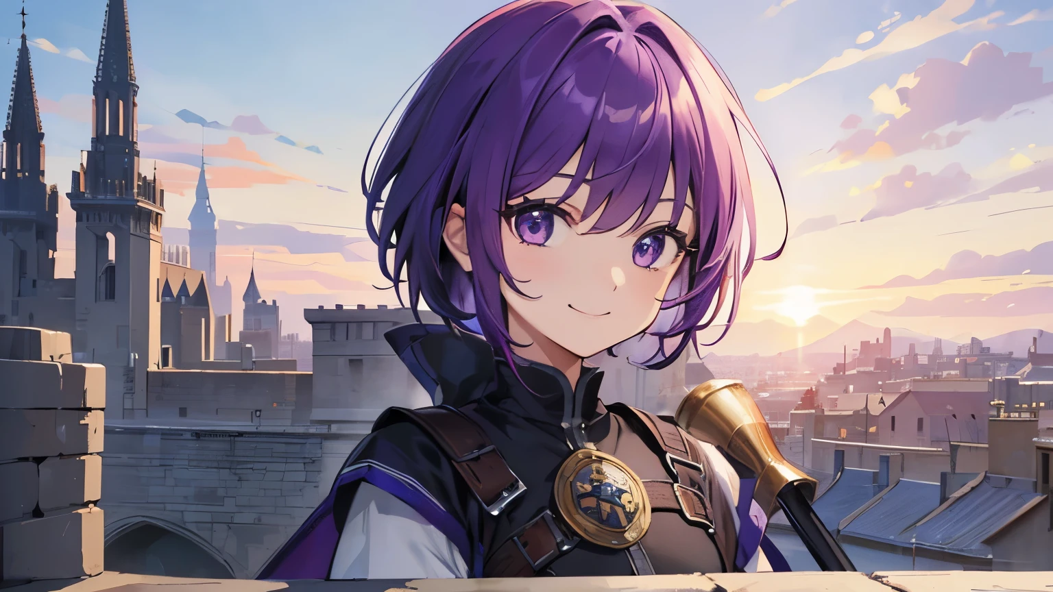 (T Masterpiece,4k wallpaper,best quality))、((girl1people))、(solo)、Brilliant,(purple hair)、(shortcut:1.3)、smile、middle ages、Brave、shield