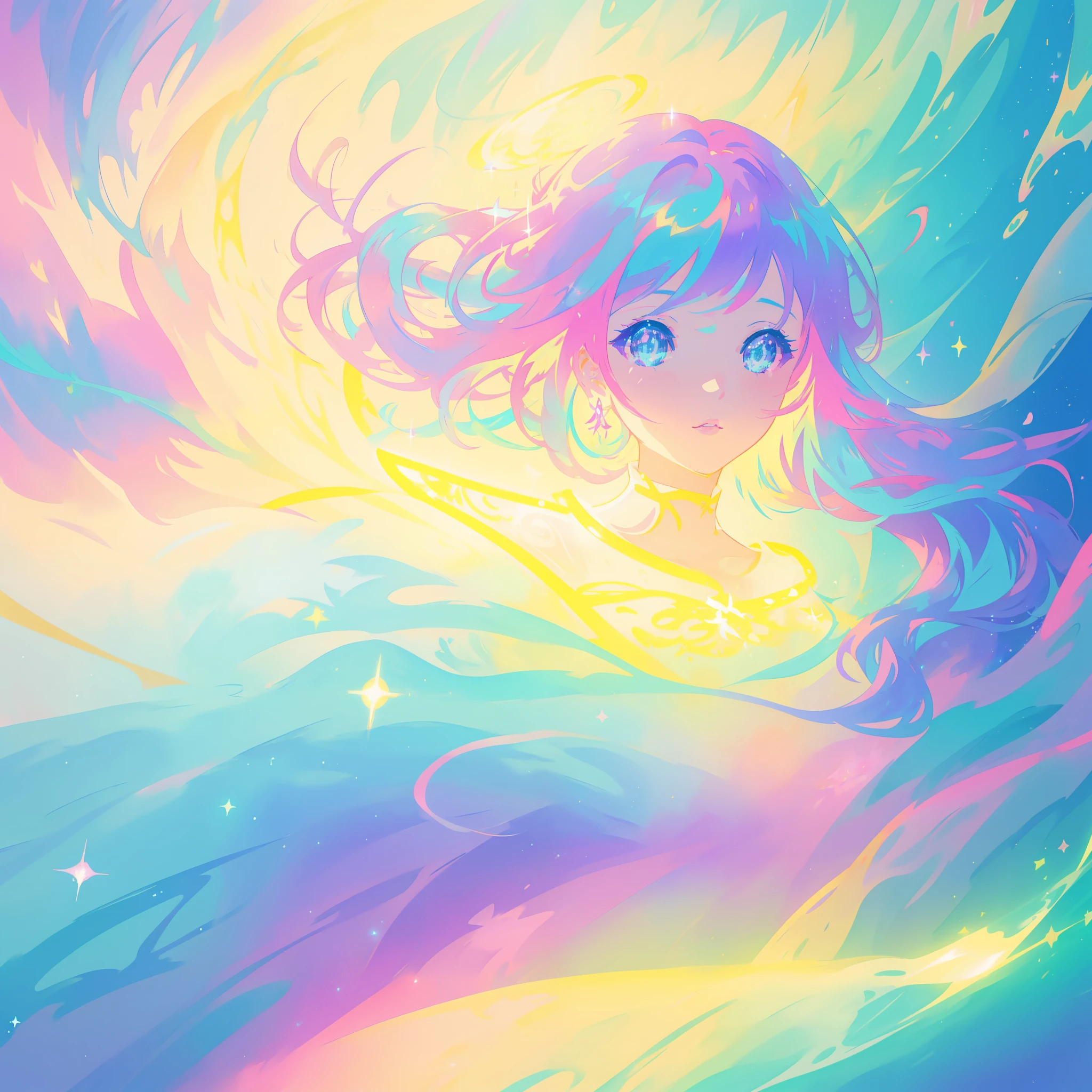 beautiful anime girl in colorful liquid dress, (((sparkling))), aqua mint blue and purple colors, vibrant pastel colors, (colorful), magical lights, sparkling lines of light, inspired by Glen Keane, inspired by Lois van Baarle, disney art style, by Lois van Baarle, glowing aura around her, by Glen Keane, jen bartel, glowing lights! digital painting, flowing glowing hair, glowing flowing hair, beautiful digital illustration, fantasia background, whimsical, magical, fantasy, beautiful face, ((masterpiece, best quality)), intricate details, highly detailed, sharp focus, 8k resolution, sparkling detailed eyes, liquid watercolor