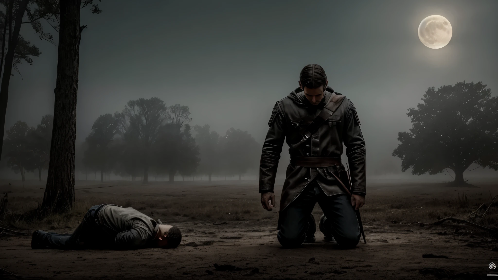 Cain, kneeling on the ground, looks in horror at the  of his brother Abel, whose blood stains the earth and reflects the silver glow of the moon. The environment is shrouded in a thick, eerie fog, which obscures details and adds a sense of unreality to the scene. The atmosphere is charged with sadness and despair, as if the weight of sin became tangible in the air. Digital illustration, with a focus on the emotional details of the characters, --ar 16:9 --v 5