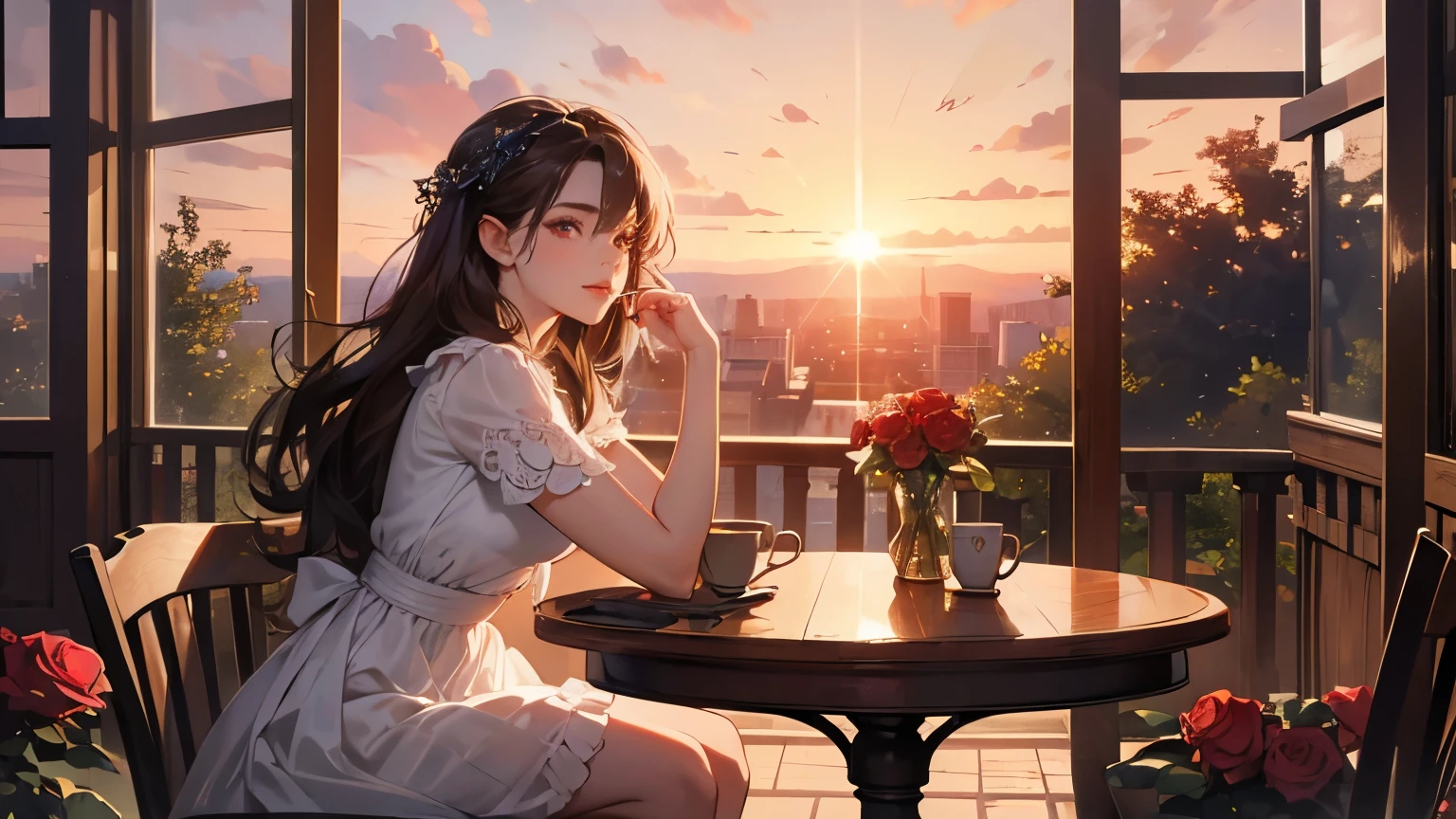 ((masterpiece)),(((bestquality))),((ultra-detailed)) realisticlying, 1 girl, Beautiful,  enjoying coffee and roses at the table, wearing a beautiful dress,  solo,  The sky turns red at morning, , looking to viewer.