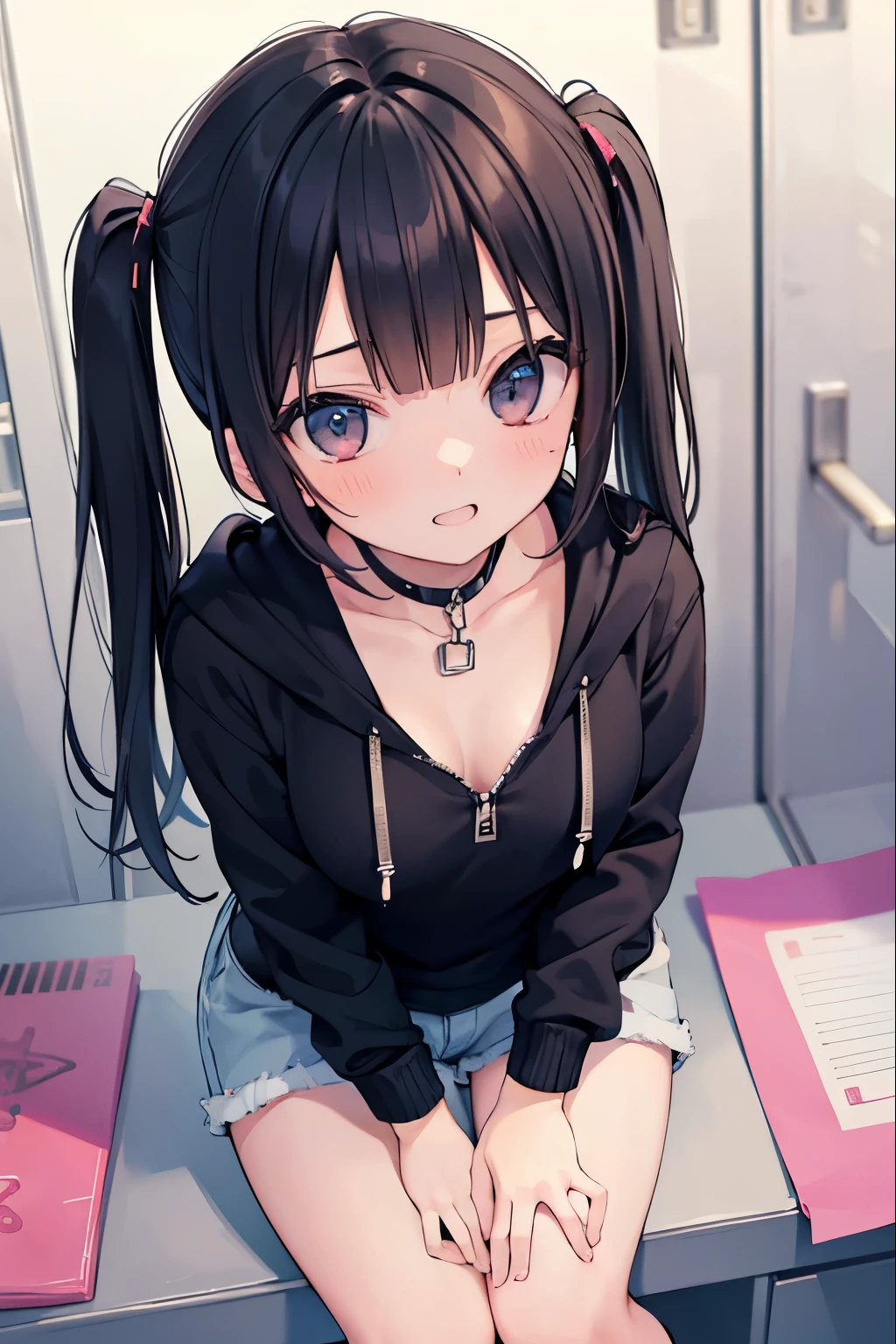 High resolution、realistic、(1boy)、((Only the lower body is photographed))、((penis is short))、(((cum on breasts)))、1girl、young girl、twin tails、Marie、black hair、very young face、evil grin、open your mouth and laugh、low length、thin arms、perfect hands、delicate body、(Moderate thighs)、((handjob))、belly button、hoodie、shorts、shortsのジッパーが開いています、(I&#39;m giving a handjob in front of my chest)、in the locker room、NSFW、((Angle from above))、close up of penis、pinch the tip of the penis