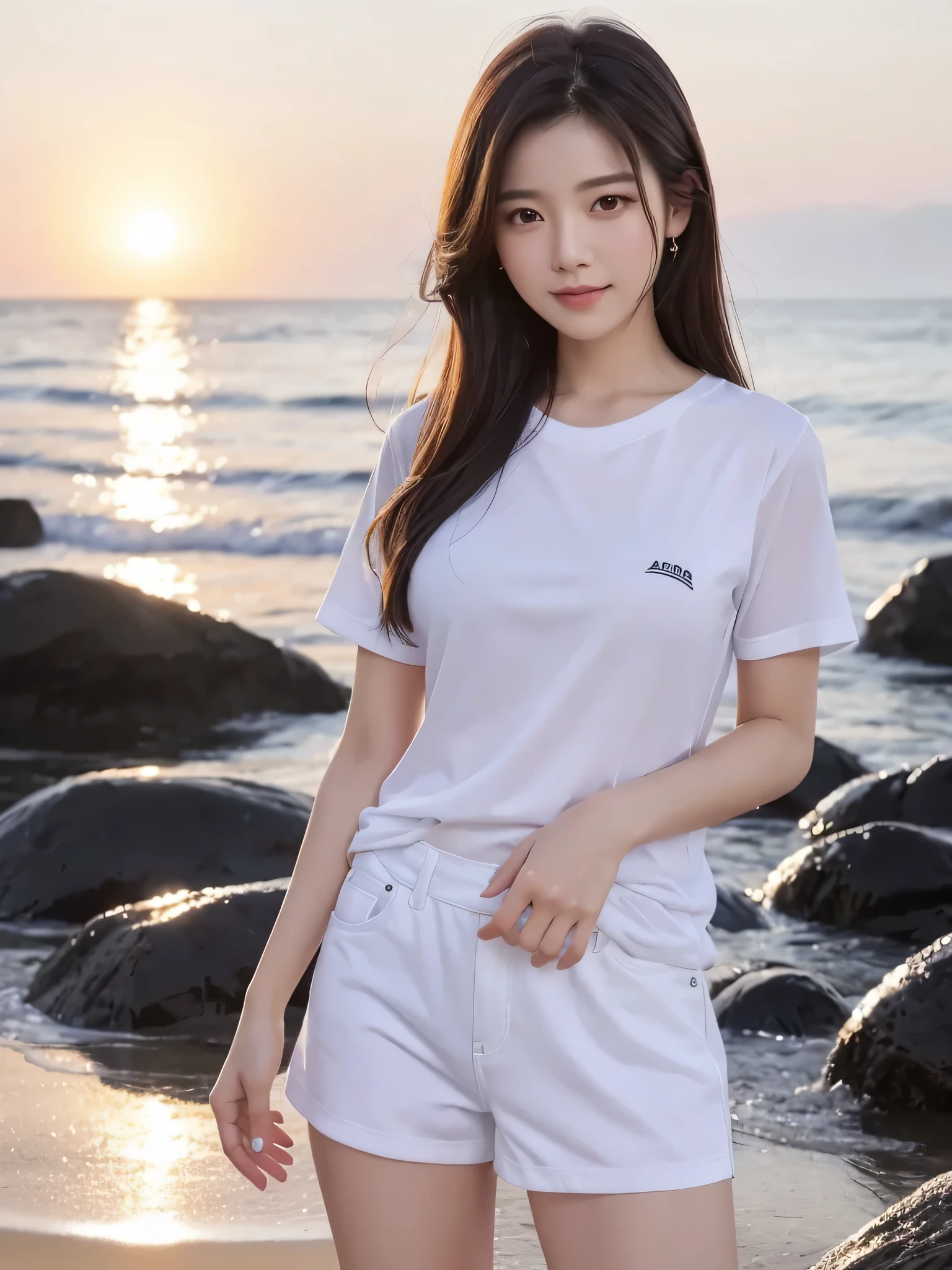 (Best quality, 8k, 32k, Masterpiece, UHD:1.2), 1girl, beauty Japanese woman, She is about to take off her own T-shirt, and you can see her underwear on the bottom half of her body. Standing, sunrise on the boat
