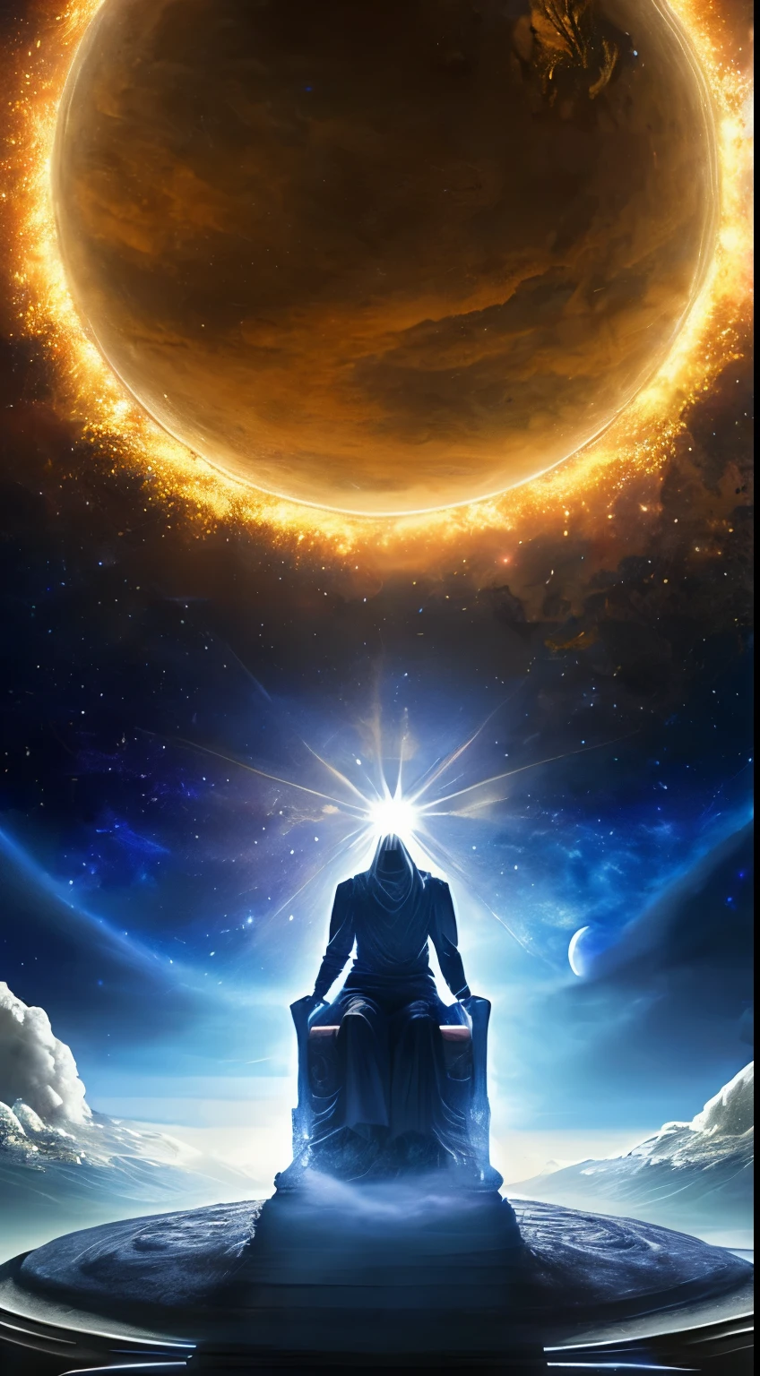 ultra high resolution, highest quality, photograph, 16k, (photographrealistic: 1.2), cinematic lighting, Old man in the form of a mythical god. Draw a god with the sun and moon, Surrounded by a radiant aura. Sit on a magnificent throne in the background of space, With a pure white cloak floating on a crystal throne, Floating in the Crystal Cloud, Surrounded by the wonders of the universe. Pay close attention to stunning details、Delivers 64K resolution for an immersive and realistic visual experience. Let your creations capture the essence of myths and wonders, Leaves viewers in awe of its beauty and power.face close up