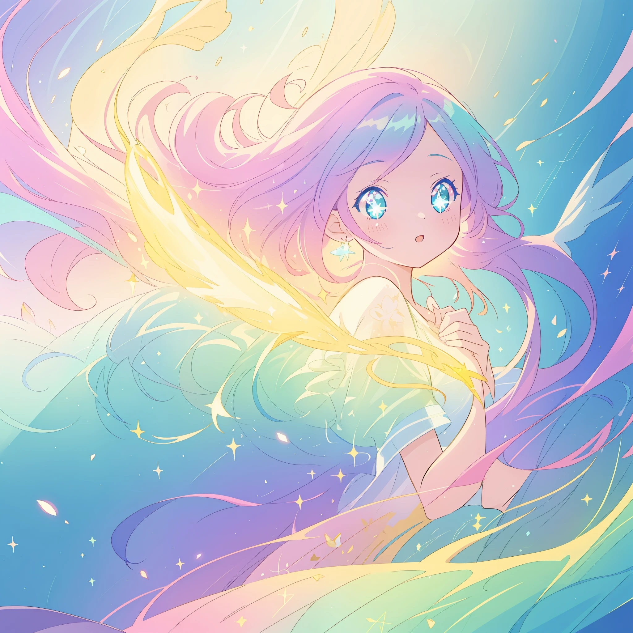beautiful anime girl in colorful liquid dress, (((sparkling))), aqua mint blue and purple colors, vibrant pastel colors, (colorful), magical lights, sparkling lines of light, inspired by Glen Keane, inspired by Lois van Baarle, disney art style, by Lois van Baarle, glowing aura around her, by Glen Keane, jen bartel, glowing lights! digital painting, flowing glowing hair, glowing flowing hair, beautiful digital illustration, fantasia background, whimsical, magical, fantasy, beautiful face, ((masterpiece, best quality)), intricate details, highly detailed, sharp focus, 8k resolution, sparkling detailed eyes, liquid watercolor