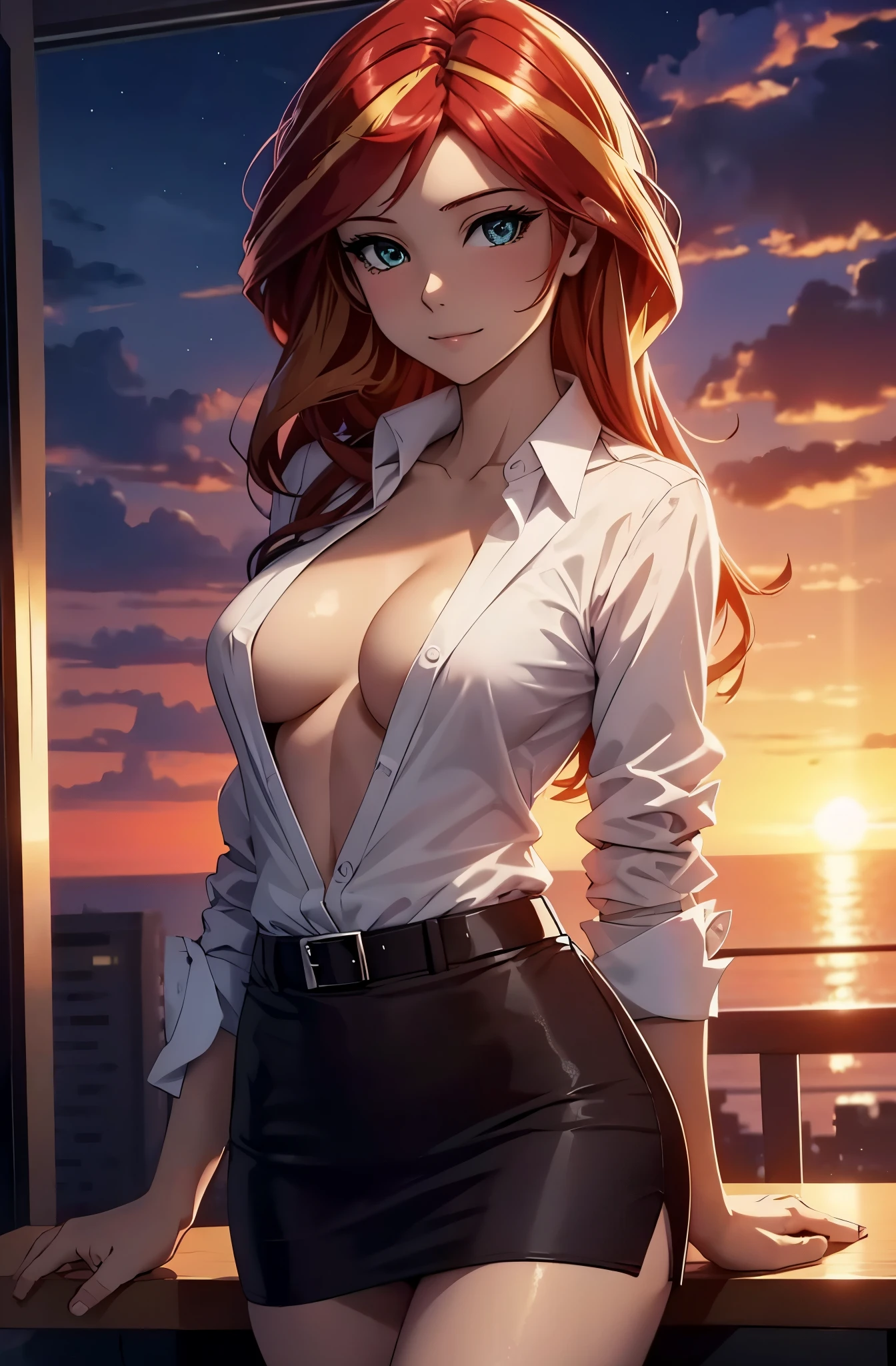 Sunset shimmer in an office wearing a business suit, open shirt, revealing breasts and nipples, short skirt, nighttime, seducing, lifting skirt, no panties, vagina