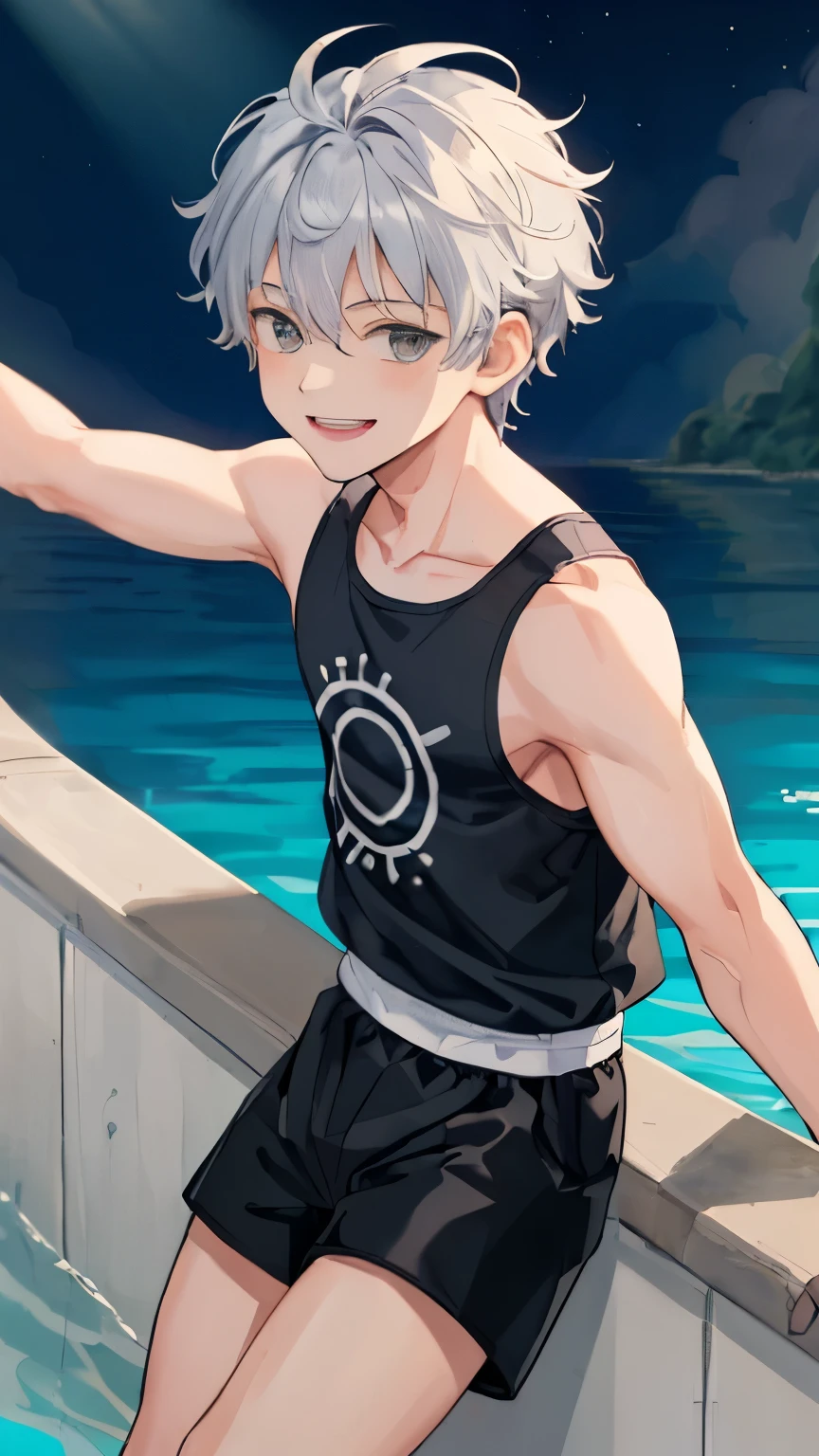 1 boy, 15 yo, solo, looking at viewer, (masterpiece:1.4), (best quality:1.4), (wavy hair:0.9), (happy face),
sunlight, shiny skin, white and grey hair, spiky hairstyle, {day|dawn|night|mornig}, diving the sea, underwater,topless,scuba