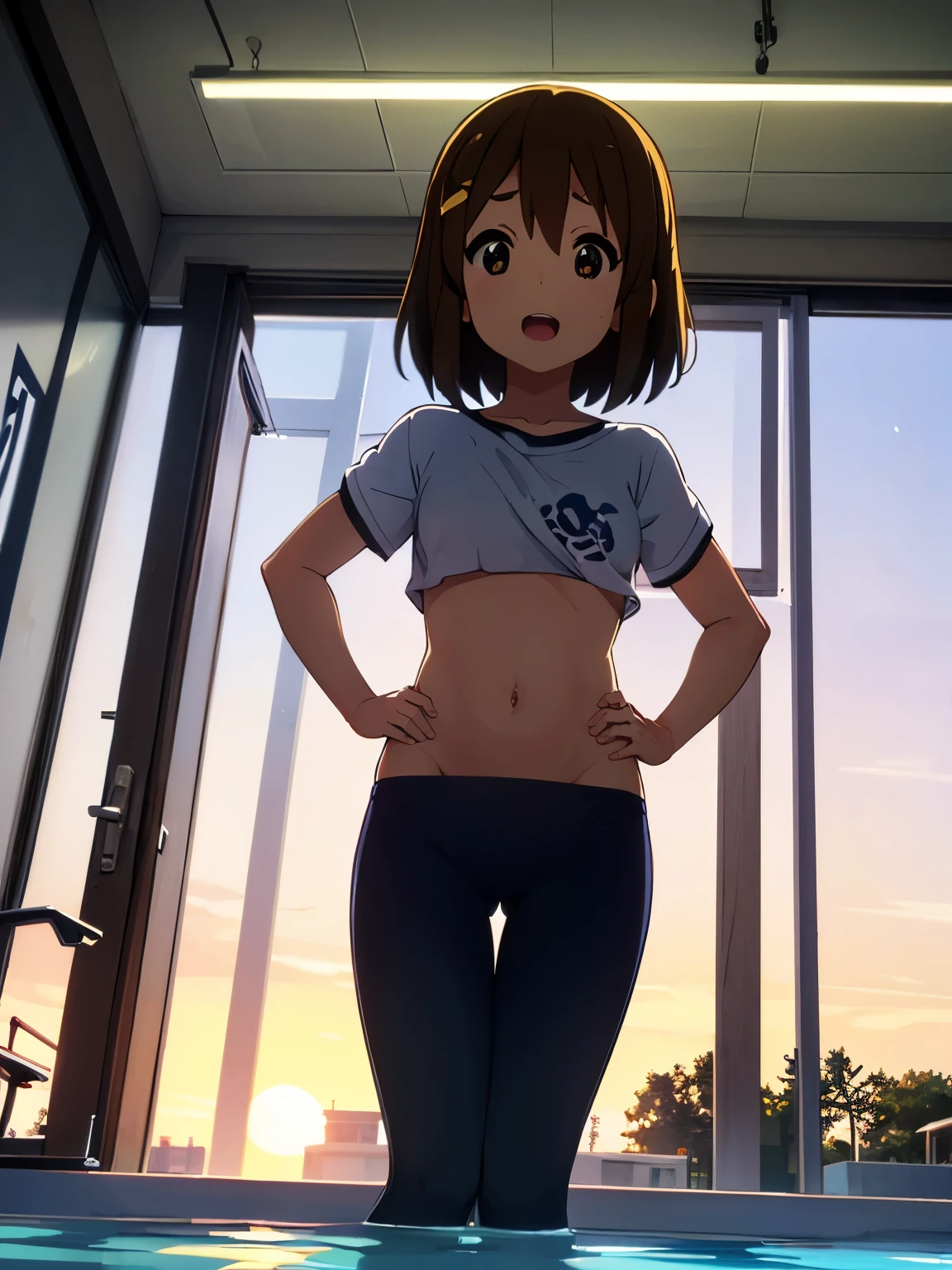 1girl, (((​masterpiece))), top-quality, top-quality, High Details, Hirasawa Yui, 1girl, two yellow hairpin, short hair, A brown-haired, brown-eyed, 独奏, underwear, pants, bikini, full body, full image, illustratio, comic strip, soothing tones, Subdued Color, Soft cinematic light, adobe lightroom, photolab, HDR, intricately and hyper-detailed、(((depth of fields))))。(((​masterpiece)))。(((top-quality))).)((ultra-detailliert)))。(((illustratio)))。(((takeout))).dynamic focus.big breasts.(((school))).(((A school swimming pool))).(((Face of happiness))). open mouth.(((put hands on the hip))).(((up chest))).((afternoon glow)).((the setting sun)).