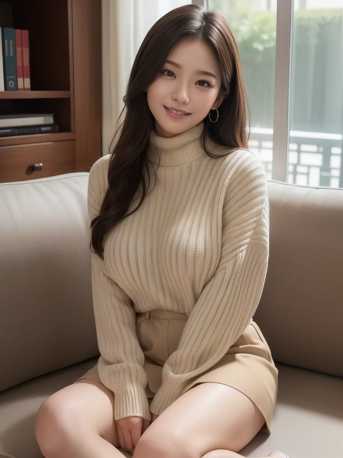 ((masterpiece))、((highest quality))、picture、reality、High level image quality、Advanced depth of field、super detailed、realistic lighting、((midnight))、((Private Office))、((sitting cross-legged on the sofa))、((A drawing showing the entire room))、married woman、30 generations、delicate features、Realistic background and accessories、plump body、big and full breasts、((Black high neck sweater))、Beige miniskirt、No bra、medium long hair、pretty face、smile