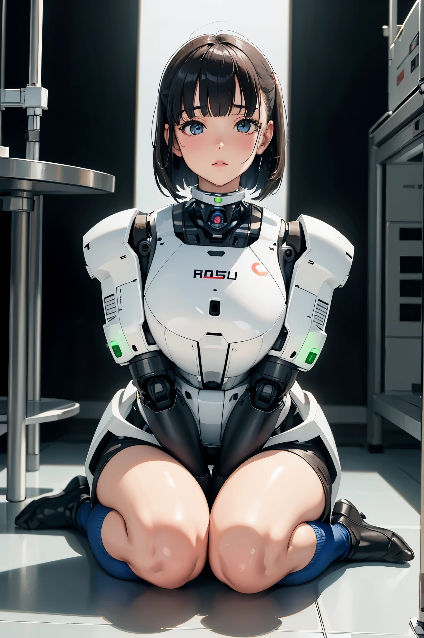 masterpiece, best quality, extremely detailed,8kportrait,Japaese android Girl,Plump , control panels,Mechanical Hand, ,Robot arms and legs, Blunt bangs,future laboratory,charging spot,kneel on the floor,white socks,