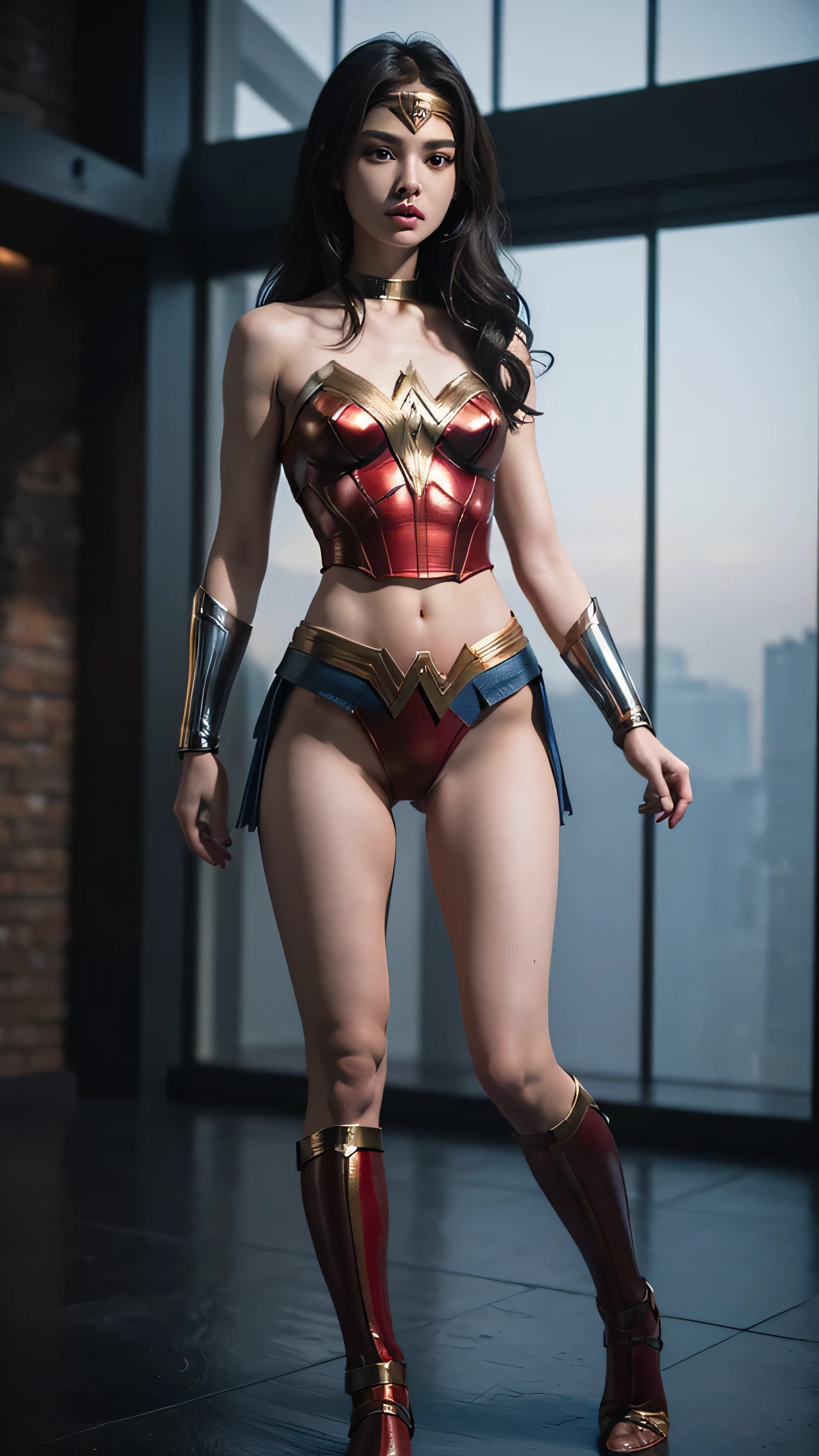 ((masterpiece, 8K, 3D, Realistic, Super Detail)), (1girl:1.3), slender 17 age, Ultra Micro photography, Super realistic, Perfect face, Beautiful features, ((Perfect female body)) Beautiful features, ( body), ((small hips)), Lisa Blackpink as Wonder woman suit ((Exposed thigh)), Exposed Skin, Front Full body Shot, full body portrait, futuristic city background