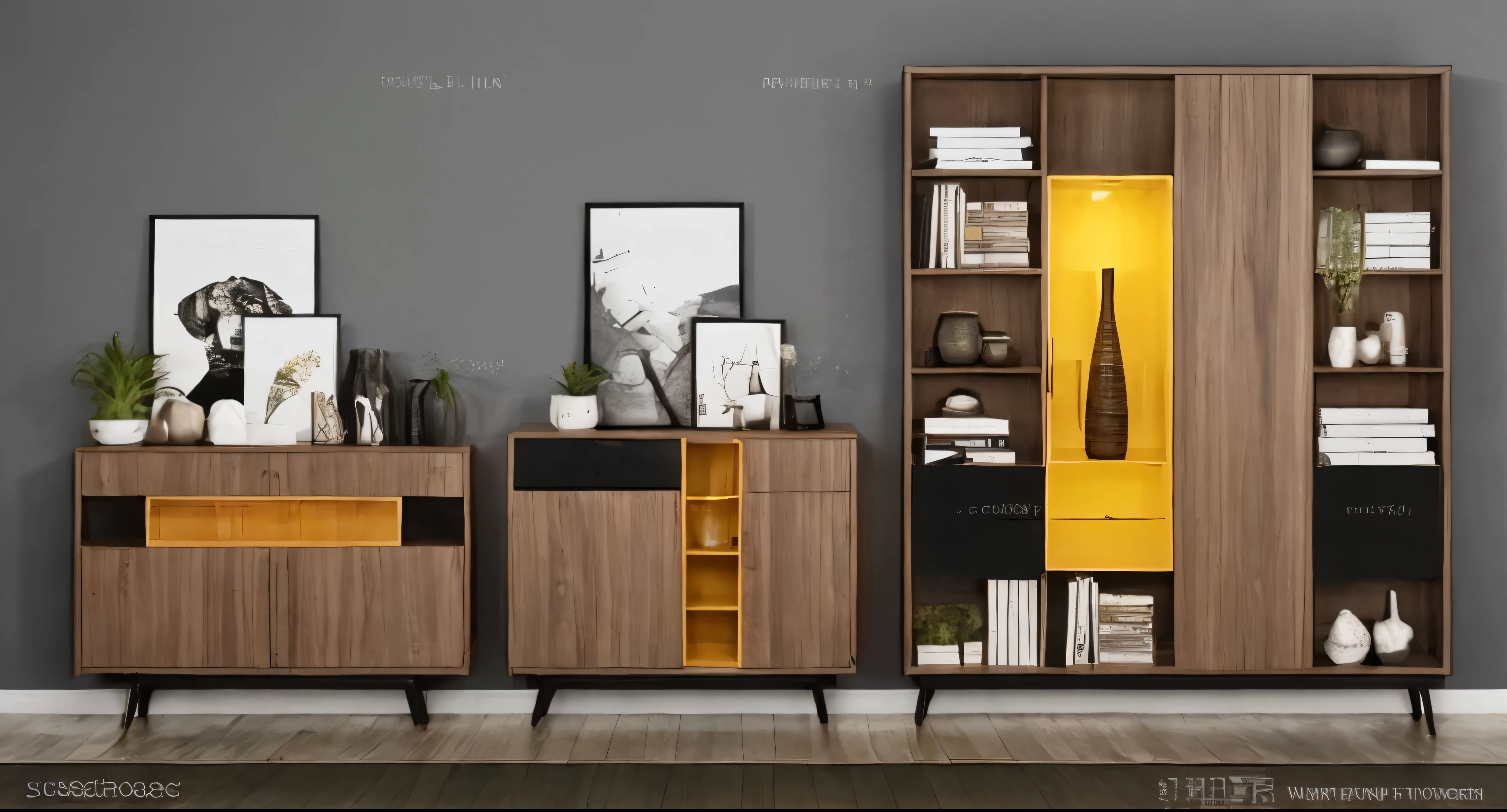 Close-up of living room with bookcases and TV, cupboard家具, style furniture, Furniture and Decoration, yellow and black color scheme, modern gallery furniture, cupboard, wood cupboard, EUR, showroom scene, Black and color scheme, wooden furniture, High quality rendering, Practical yet elegant appearance, modern look, black and scheme