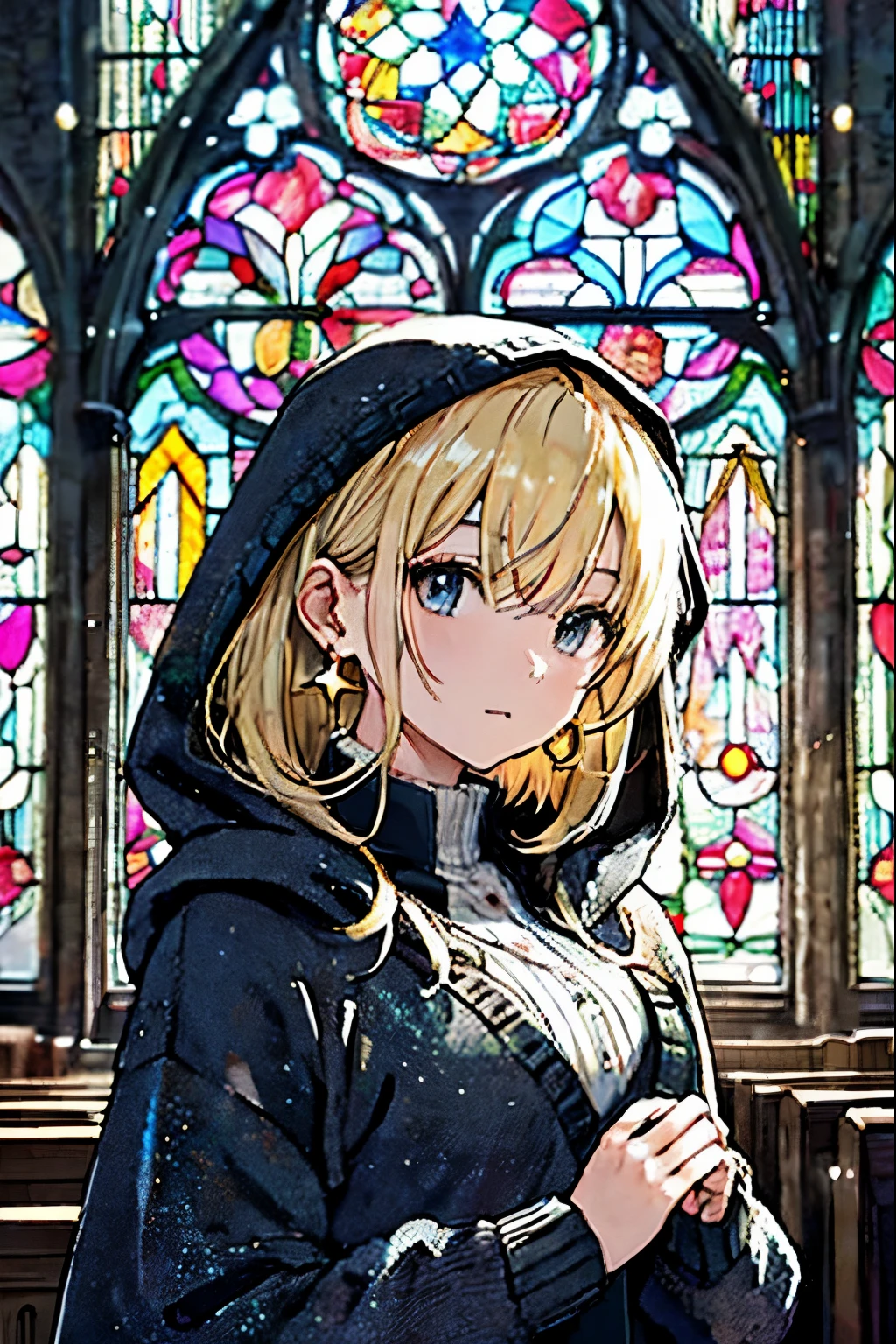one girl, medium hair, blonde hair, lots of earrings, Knitted cardigan with long hood, Dimly lit church, Beautiful large stained glass windows, Star-shaped stained glass, super high quality, super fine details, 超detailedな背景, more_detailed:-1, more_detailed:0, more_detailed:0.5, more_detailed:1, more_detailed:1.5, look in the mirror now, 、, look in the mirror now