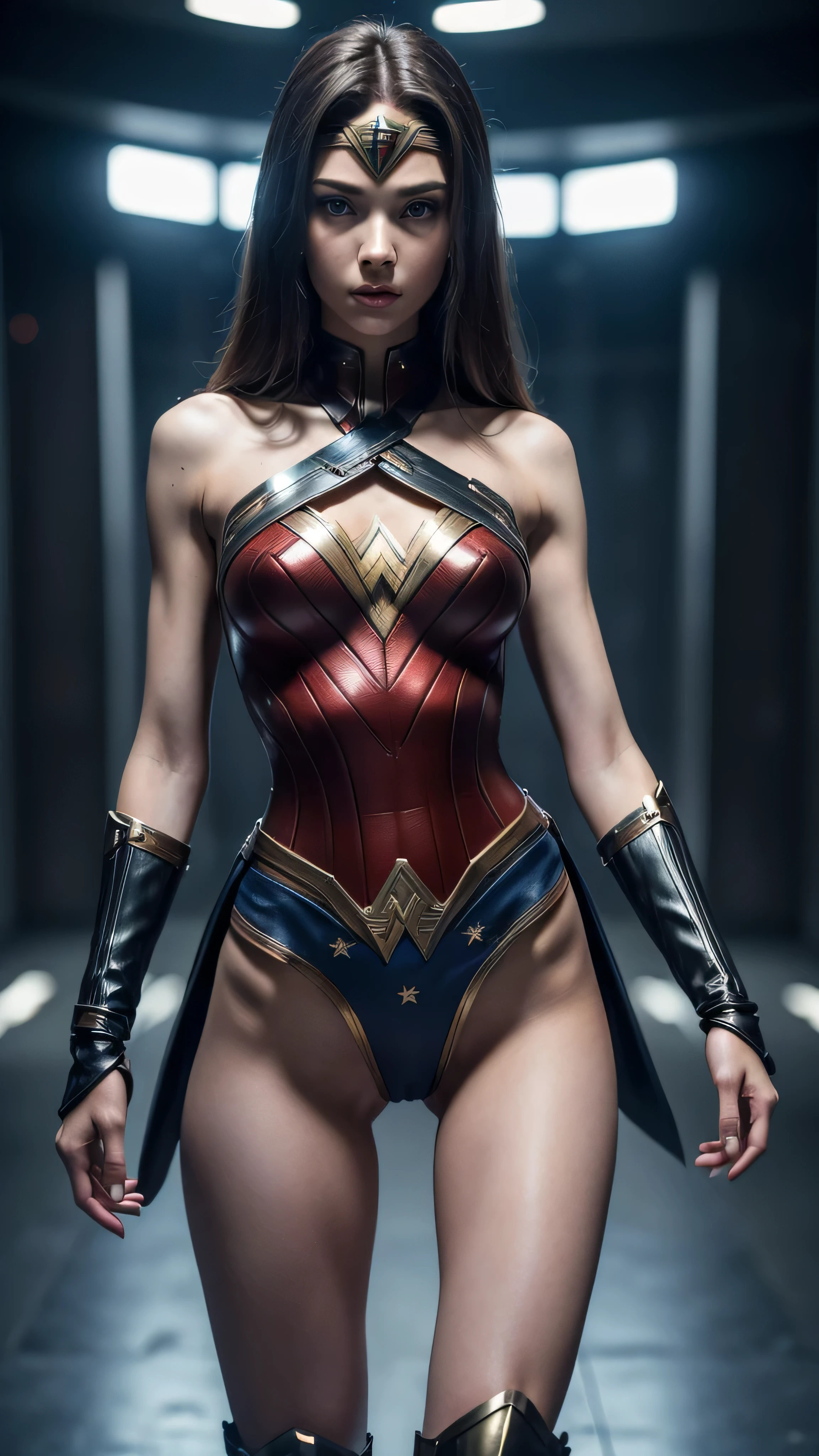 ((masterpiece, 8K, 3D, Realistic, Super Detail)), (1girl:1.3), slender , Ultra Micro photography, Super realistic, Perfect face, Beautiful features, ((Perfect female body)) Beautiful features, ( body), ((small hips)), Lisa Blackpink as Wonder woman suit ((Exposed thigh)), Exposed Skin, Front Full body Shot, full body portrait, futuristic city background
