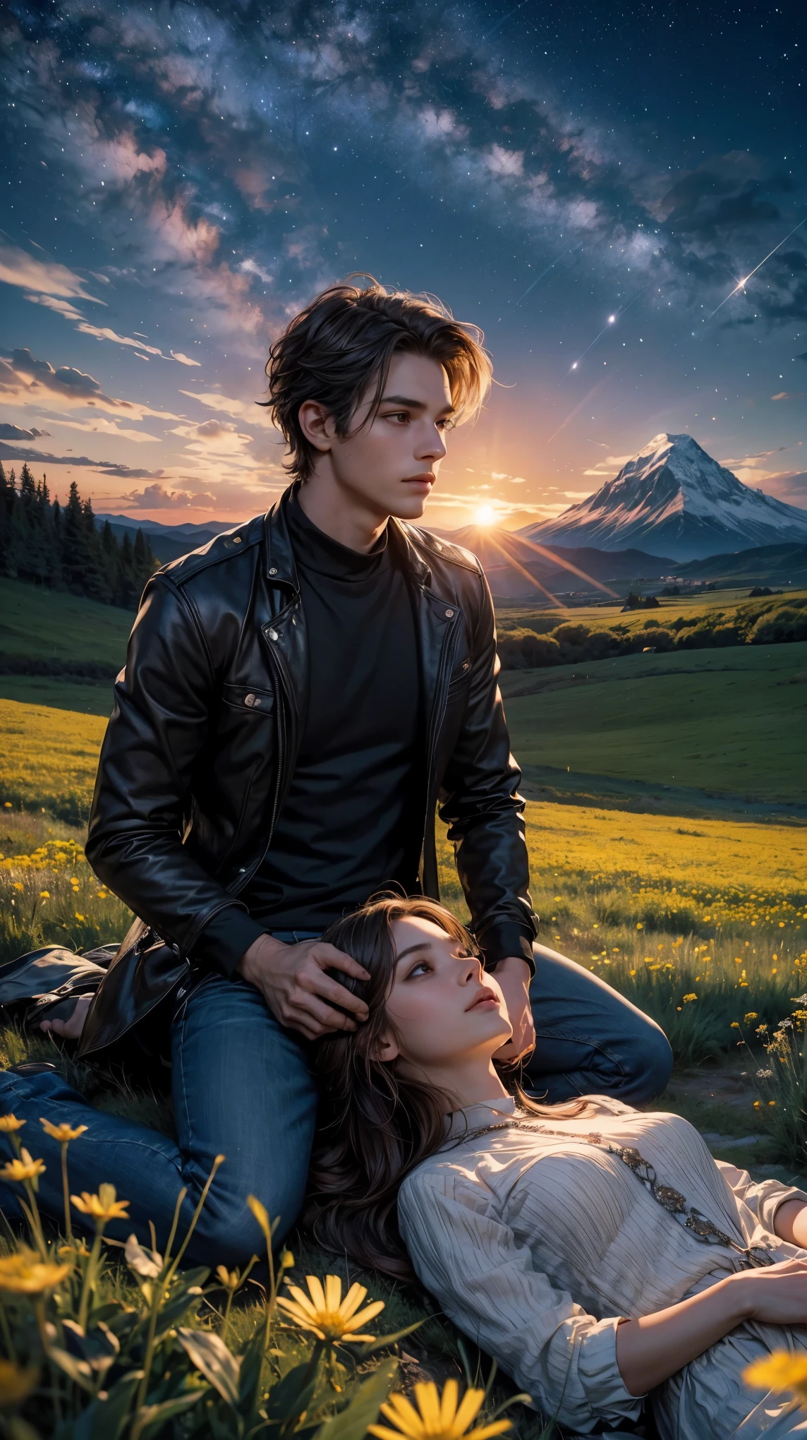 
1 man and 1 woman are sitting in a meadow of red flowers, sun sunset, Irish Man, Campo florescente, Dandelion floating in the wind, estilo romance adolescente, casa em um capinique, homem e mulher, casal apaixonado, flores vermelhas, homem de jaqueta de couro e causa jeans, casal: homem e mulhar, Flying dandelion, ultra qualidade, rostos bem bem detalhados, ultra detalhes, 
1 man and 1 woman are lying face down in a field full of mountain flowers,、looking up at the night sky.、Maybe it's because it's cold., Their breath seems pale white.、The source of light is a star in the night sky々Somente luz、De repente ela se vira para ele e cora、A shooting star visible from the position of the head flowed into the night sky.、The area is pitch black、In the dark、mesa、realista,
A man and a woman are sitting in a meadow of red flowers, sunset, Irish Man, Campo florescente, Dandelion floating in the wind, estilo romance adolescente, homem e mulher, flores vermelhas, homem de jaqueta de couro e causa jeans, Flying dandelion, 
She and he lay face down in a field full of mountain flowers.,、looking up at the night sky.、Maybe it's because it's cold., Their breath seems pale white.、The source of light is a star in the night sky々Somente luz、De repente ela se vira para ele e cora、A shooting star visible from the position of the head flowed into the night sky.、The area is pitch black、In the dark、mesa、realista