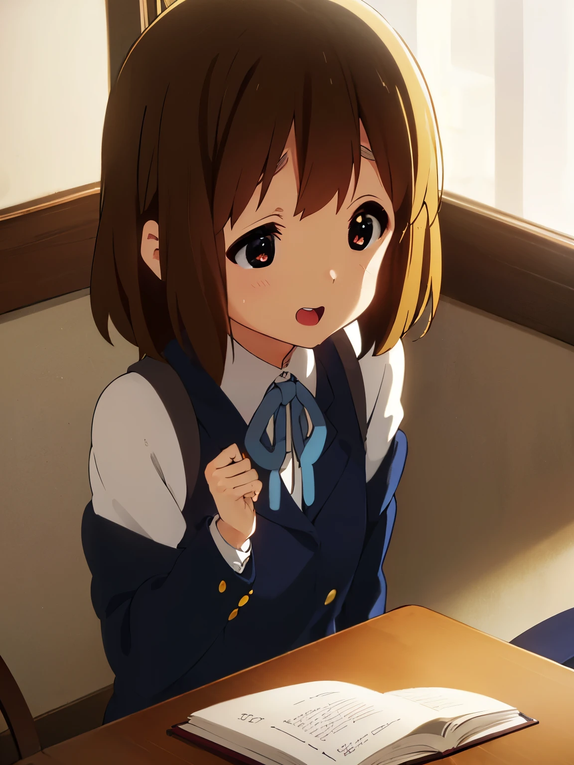 1girl, (((​masterpiece))), top-quality, top-quality, High Details, hirasawa yui, 1girl, Sakuragaoka High School Uniform, student clothes, Sports uniform, two-yellow hairpin, short hair, A brown-haired, brown-eyed, 独奏, reddish, thin blue ribbon, Solid white buttoned shirt under blazer, illustratio, comic strip, soothing tones, Subdued Color, Soft cinematic light, adobe lightroom, photolab, HDR, intricately and hyper-detailed、(((depth of fields))))。(((​masterpiece)))。(((top-quality))).)((ultra-detailliert)))。(((illustratio)))。(((takeout))).dynamic focus.big breasts.(((Skyscrapers))).(((A city scape))).(((Face of happy))). open mouth.(((put hands on the chest))).(((up chest))).((morning glow)).((the setting sun)).