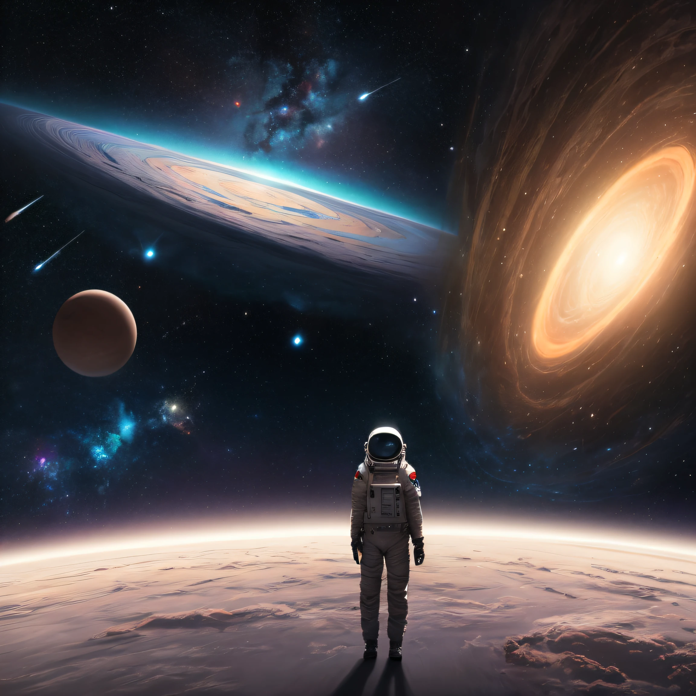 ((mestre)), ((melhor qualidade)), Papel de parede ultra-detalhado da unidade CG 8k, incredibly delicate and beautiful illustration, flutuando, high resolution, dynamic, ((1 garota)), olhos castanhos, cabelo castanho, traje de astronauta, Fundo preto escuro, Stellar space, grandes estrelas brancas luminescentes, um enorme buraco negro ao fundo, colorful planets flutuando in a cosmic maelstrom. --auto