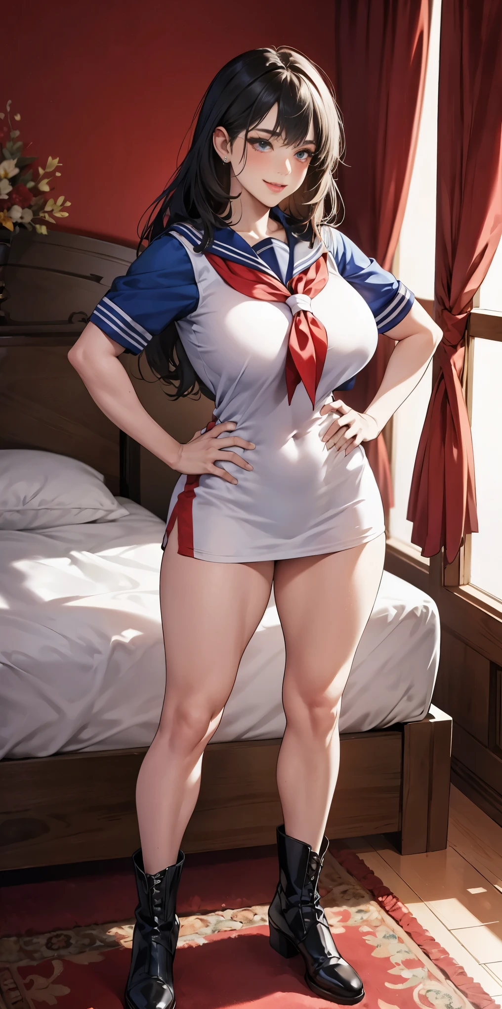 woman bodybuilder with very large calves very beautiful resemblance sailor uniform, full body standing symmetrical lustful smirking smile face (red blush), martial art, bouquet of flowers holding, full body toe to head, feet together, high boots, big breast, paladin warrior knight, hands on hips. red tattoo on belly, bedroom background, royal bedroom,
