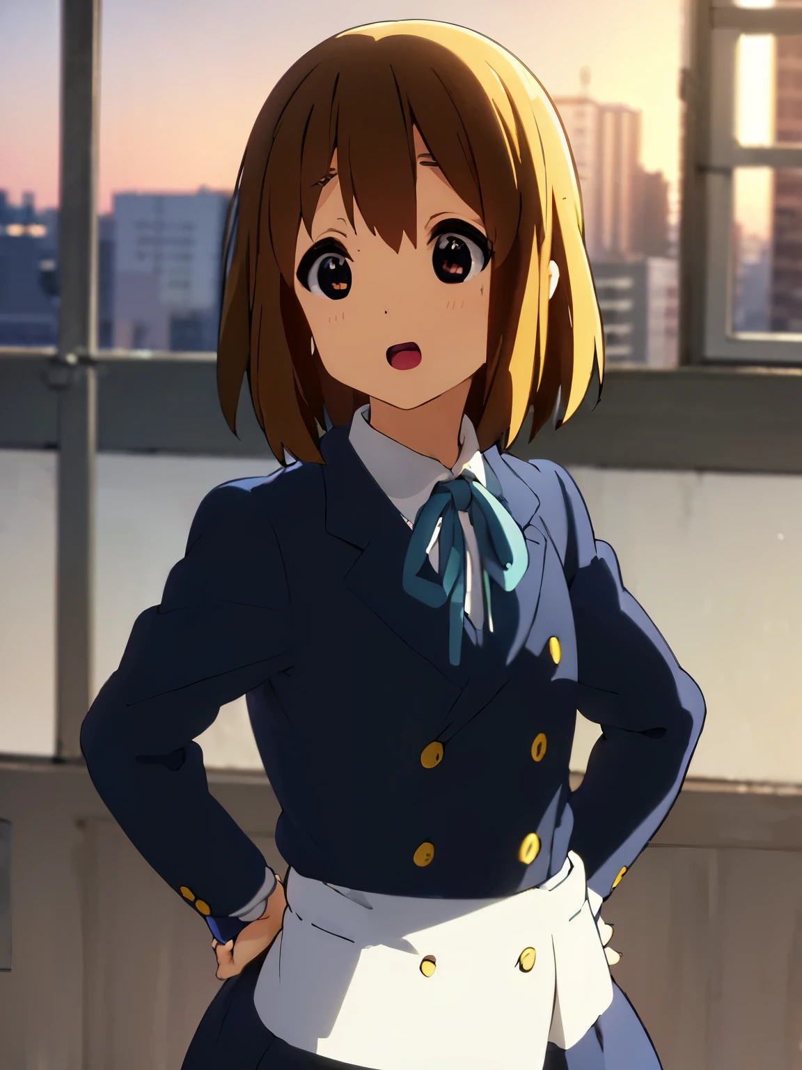 1girl, (((​masterpiece))), top-quality, top-quality, High Details, hirasawa yui, 1girl, Sakuragaoka High School Uniform, student clothes, maid cafe uniform, two-yellow hairpin, short hair, A brown-haired, brown-eyed, 独奏, reddish, thin blue ribbon, Solid white buttoned shirt under blazer, illustratio, comic strip, soothing tones, Subdued Color, Soft cinematic light, adobe lightroom, photolab, HDR, intricately and hyper-detailed、(((depth of fields))))。(((​masterpiece)))。(((top-quality))).)((ultra-detailliert)))。(((illustratio)))。(((takeout))).dynamic focus.big breasts.(((Skyscrapers))).(((A city scape))).(((Face of happy))). open mouth.(((put hands on the hip))).(((up chest))).((morning glow)).((the setting sun)).