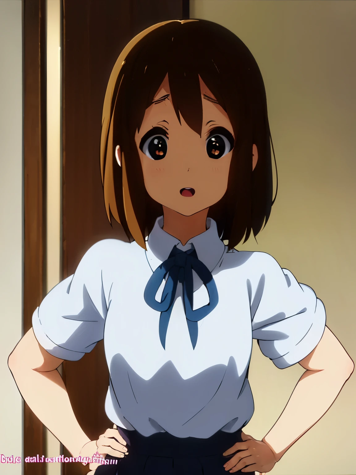 1girl, (((masterpiece))), top-quality, top-quality, High Details, hirasawa yui, 1girl, Sakuragaoka High School Uniform, student clothes, maid cafe uniform, two-yellow hairpin, short hair, A brown-haired, brown-eyed, 独奏, reddish, thin blue ribbon, Solid white buttoned shirt under blazer, illustratio, comic strip, soothing tones, Subdued Color, Soft cinematic light, adobe lightroom, photolab, HDR, intricately and hyper-detailed、(((depth of fields))))。(((masterpiece)))。(((top-quality))).)((ultra-detailliert)))。(((illustratio)))。(((takeout))).dynamic focus.big breasts.(((canteen))).(((A school scape))).(((Face of happy))). open mouth.(((put hands on the hip))).(((up chest))).((morning glow)).((the setting sun)).
