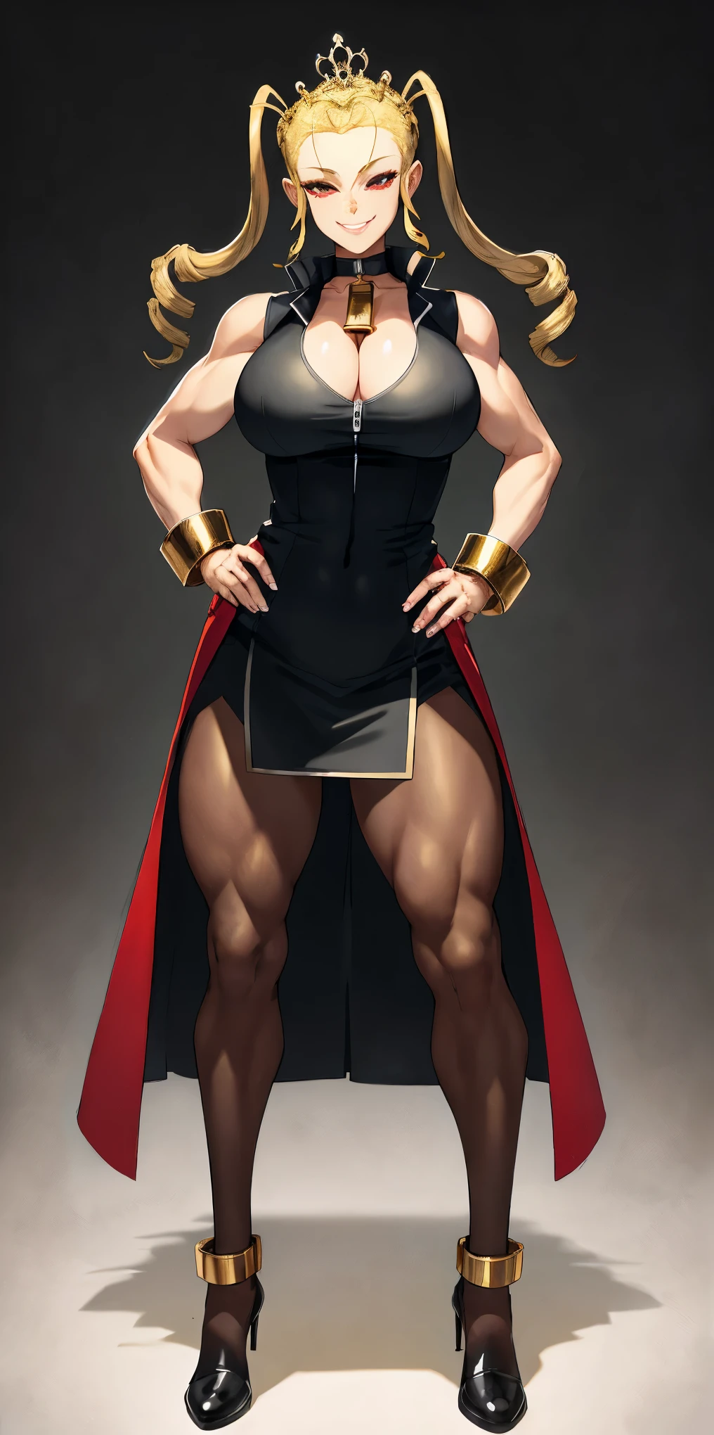 full body standing straight symmetrical, huge cowboy shot, solo 1MILF, lustful smirking smile face, looking at viewer, hands on hips, twintails, twin drills, dress, striped pantyhose, metal handcuffs on their hands with a black maetal slave collar around her neck, cowbell attached to the choker, sleeveless, black stockings, golden tiara
