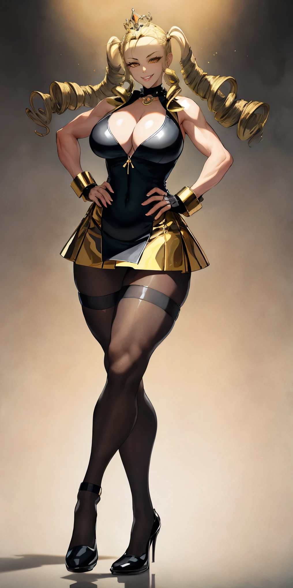 full body standing straight symmetrical, huge cowboy shot, solo 1MILF, lustful smirking smile face, looking at viewer, hands on hips, twintails, twin drills, dress, striped pantyhose, metal handcuffs on their hands with a black maetal slave collar around her neck, cowbell attached to the choker, sleeveless, black stockings, golden tiara
