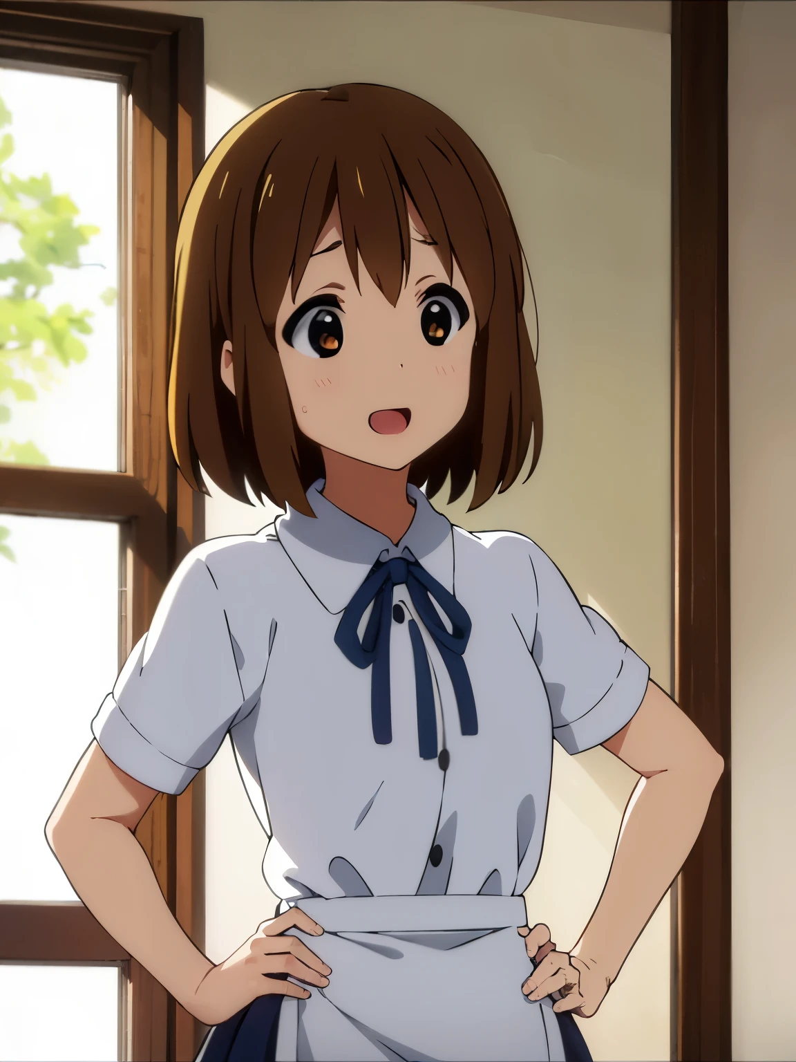 1girl, (((​masterpiece))), top-quality, top-quality, High Details, hirasawa yui, 1girl, Sakuragaoka High School Uniform, student clothes, maid cafe uniform, two-yellow hairpin, short hair, A brown-haired, brown-eyed, 独奏, reddish, thin blue ribbon, Solid white buttoned shirt under blazer, illustratio, comic strip, soothing tones, Subdued Color, Soft cinematic light, adobe lightroom, photolab, HDR, intricately and hyper-detailed、(((depth of fields))))。(((​masterpiece)))。(((top-quality))).)((ultra-detailliert)))。(((illustratio)))。(((takeout))).dynamic focus.big breasts.(((canteen))).(((A school))).(((Face of happy))). open mouth.(((put hands on the hip))).(((up chest))).((morning glow)).((the setting sun)).