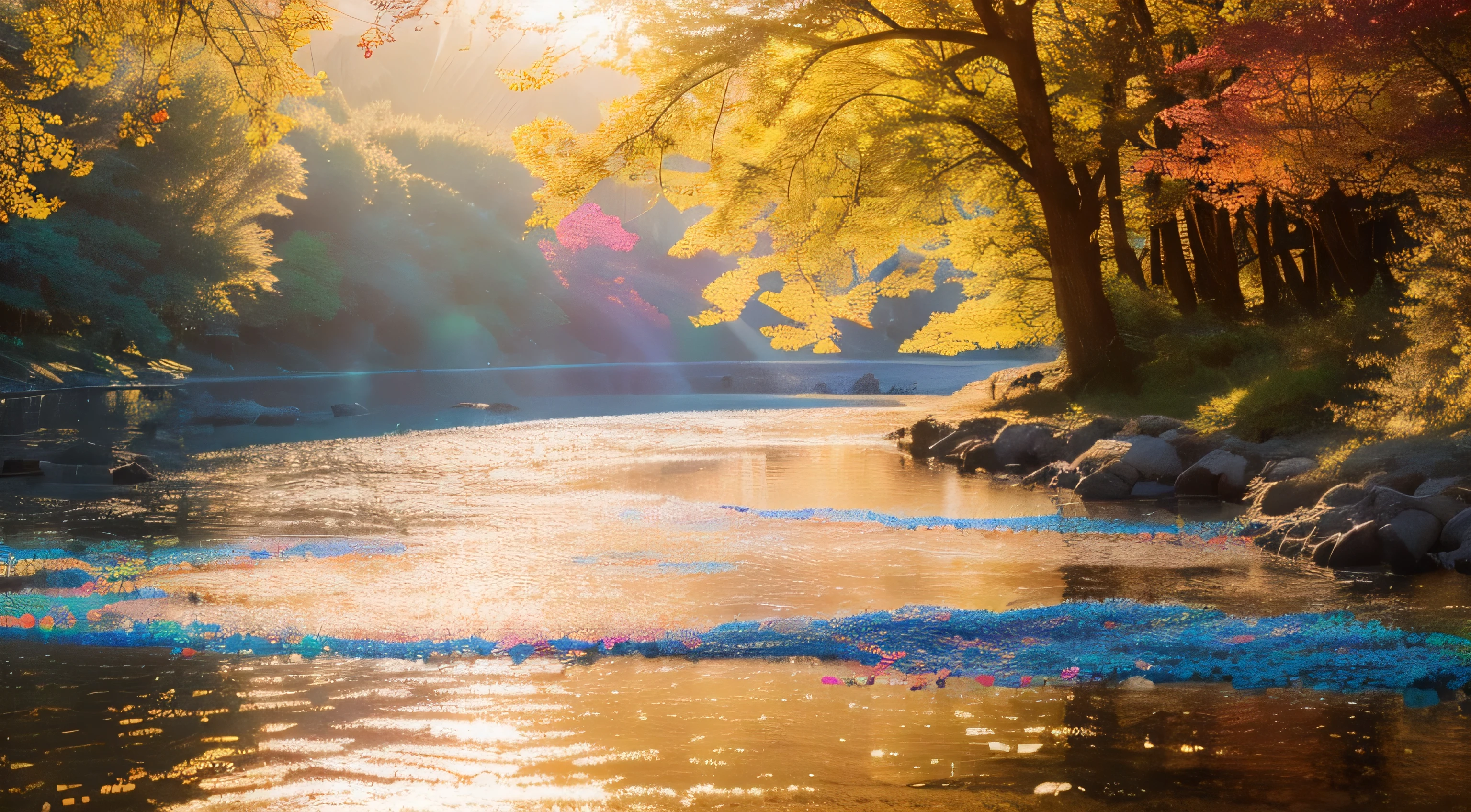 (highest quality, 32K, High resolution, Bright colors, realistic, photorealistic:1.37), autumn landscape, Bright colors, Japanese natural beauty, picturesque river, Enchanting forest, Colorful autumn leaves, film grain, sunset, cinematic lighting, realistic, one point perspective, Diffuse reflection, colorful glowing particles, Lens flare, sharp reflexes