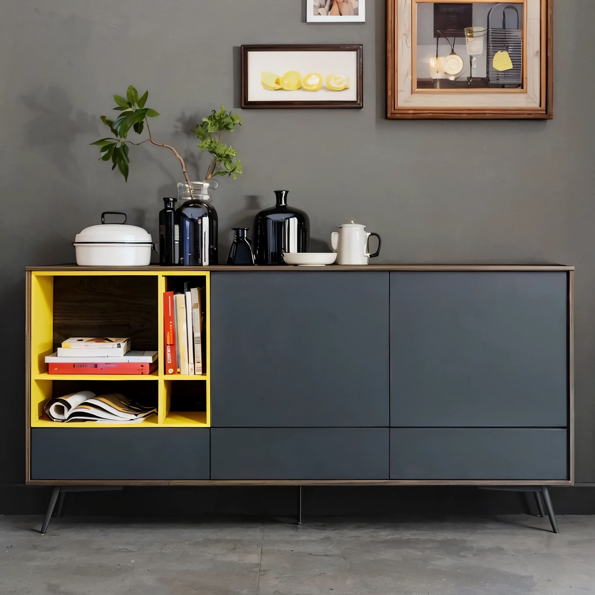 There is a yellow and gray cabinet，There is a yellow shelf on it, cupboard家具, Charcoal and yellow leather, cupboard, style furniture, and charcoal, and charcoal leather, wooden cabinet, simple furniture, With neon details, designer furniture, vignette, furniture and decoration, Furniture design, cupboard, product rendering, 2 d CG, High quality rendering