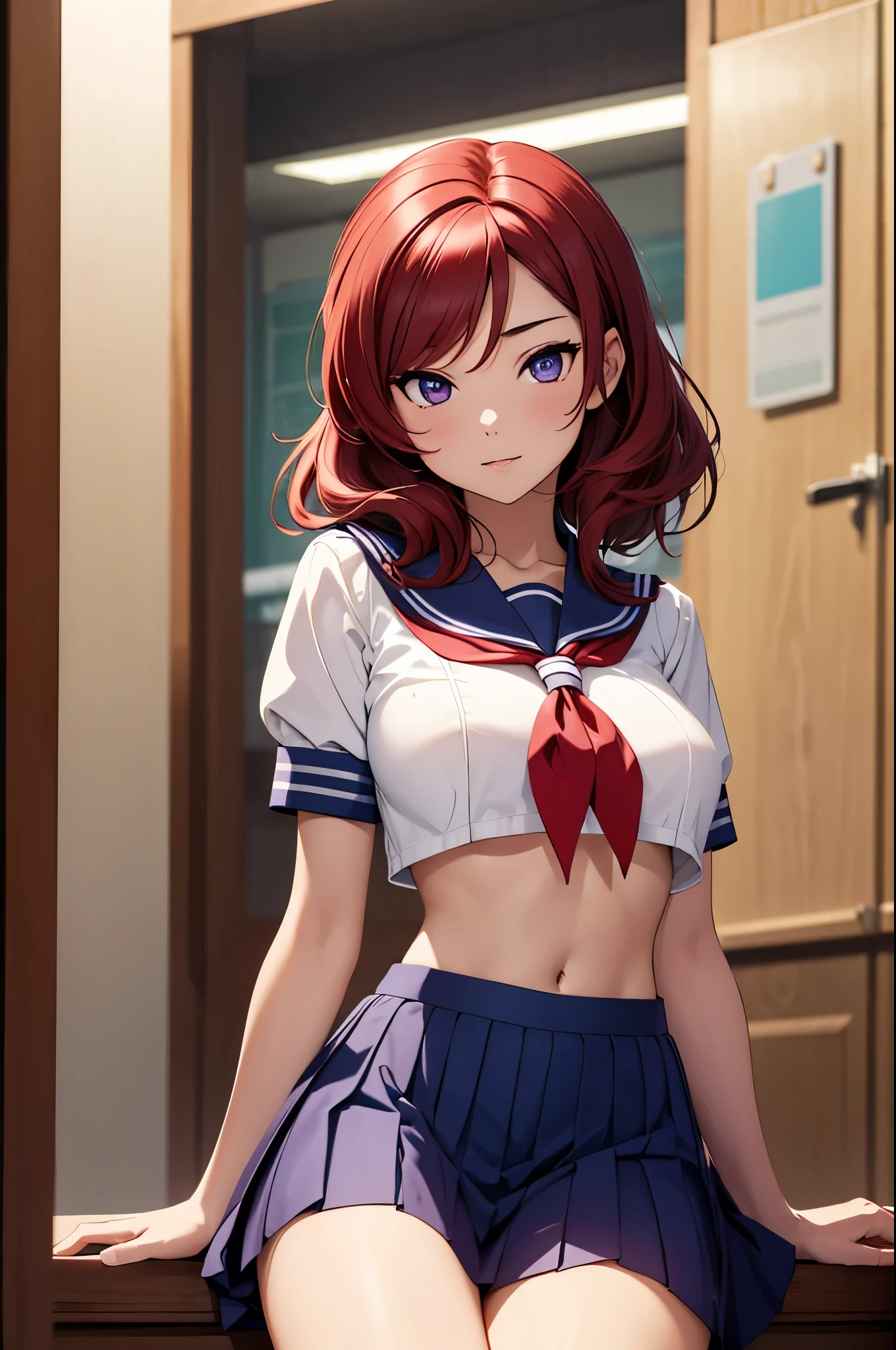 (Masterpiece, Best Quality, High Quality), cowboy shot, Nishikino maki, Red hair, purple eyes,1girl, solo, breasts, looking at viewer, bangs, skirt, large breasts, shirt, hair between eyes, sitting, closed mouth, school uniform, white shirt, short sleeves, pleated skirt, serafuku, indoors, miniskirt, sailor collar, blue skirt, crop top, neckerchief, no bra, underboob, 