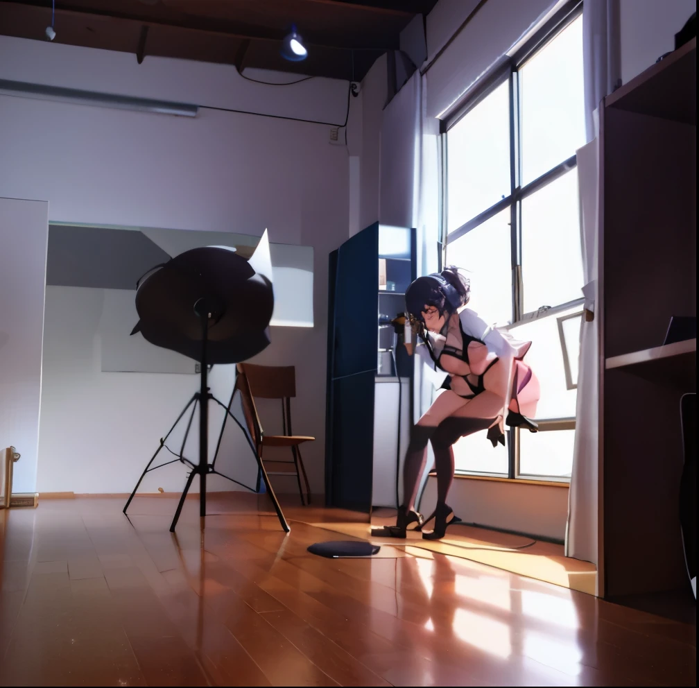 a girl in a photography session for adult content, she is in the middle of the studio, the studio contains lighting, lights and lamps,she is doing sexual and hot poses