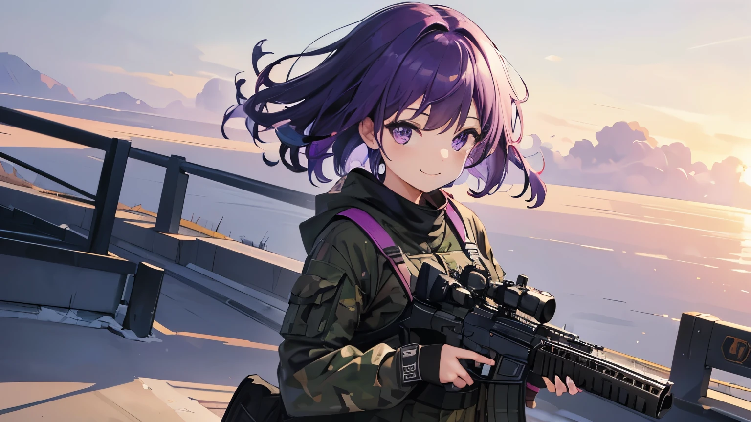 (T Masterpiece,4k wallpaper,best quality))、((girl1people))、(solo)、Brilliant,(purple hair)、(shortcut:1.3)、smile、Gunfight、Camouflage