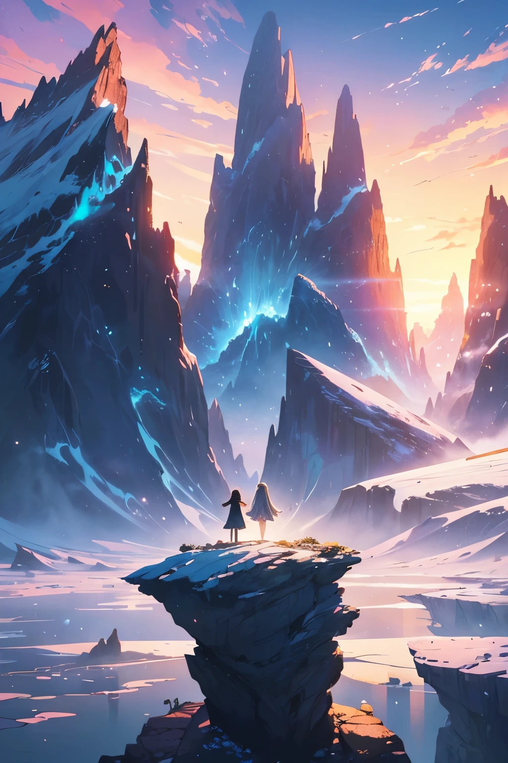 painting of two people sitting on a rock overlooking a mountain range, makoto shinkai cyril rolando, beautiful anime scene, amazing wallpaper, anime beautiful peace scene, anime background, walking across ice planet, anime movie background, anime girl walking on water, inspired by Cyril Rolando, ross tran. scenic background, anime background art, surreal frozen landscape