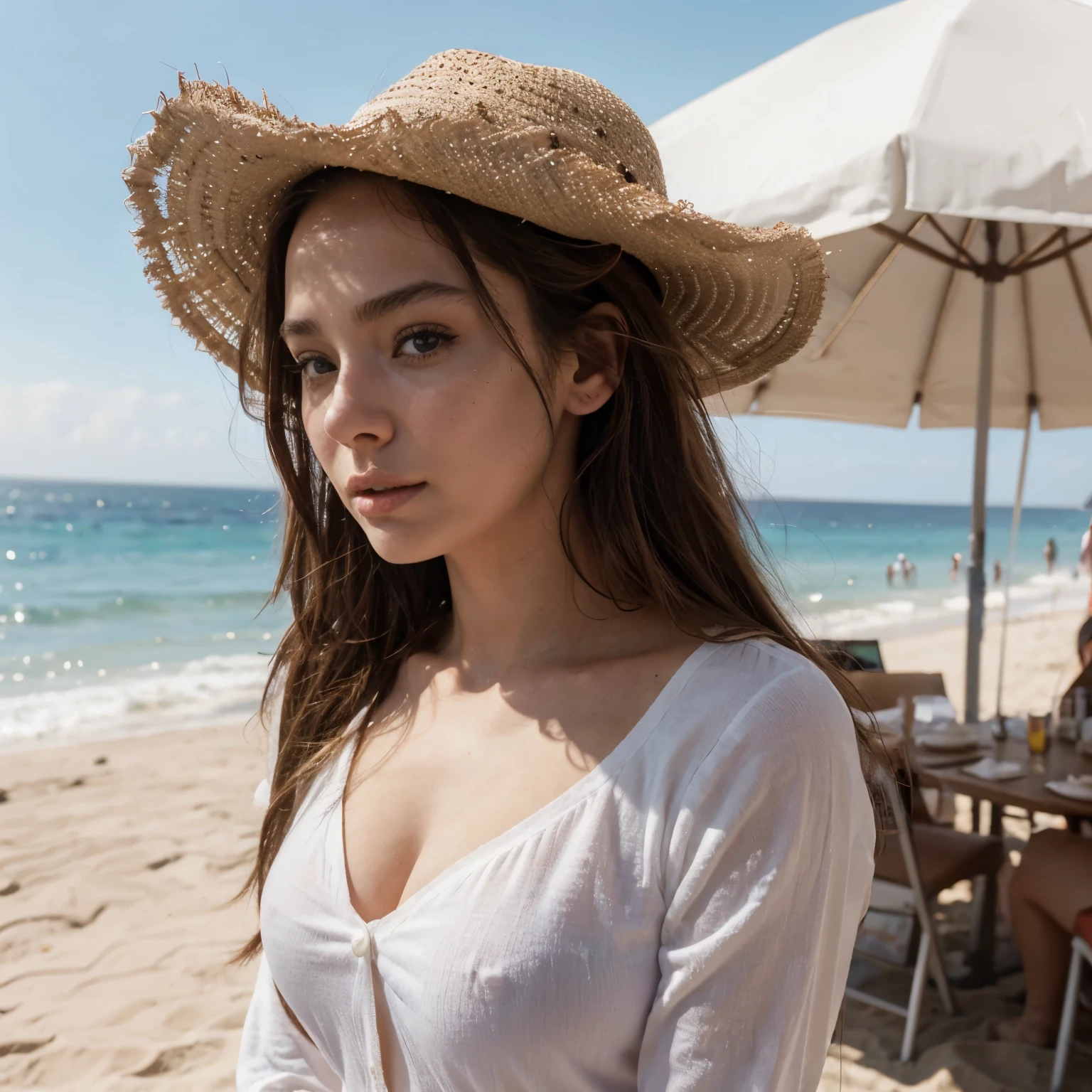 1 woman ((sea selfie, happy)), masterpiece, best quality, ultra-detailed, on the beach, (day), nature, cheerful, looking at the sea, happy, backpack, beach hat, pink shirt small sleeve closed, shadows, contrast, clear sky, style, (warm hue, warm tone: 1.2), close-up, cinematic light, side lighting, ultra high resolution, best shadow, RAW, body face part, serious look, breasts normal, 4k, portrait sophie mudd, thick neck, 19 year old female model, latina, angelawhite, violet myers, 22 years old, 21 years old, profile image, italian, italian latina, Alycia Debnam-Carey, hazel eyes, realistic, post-processing, maximum detail,