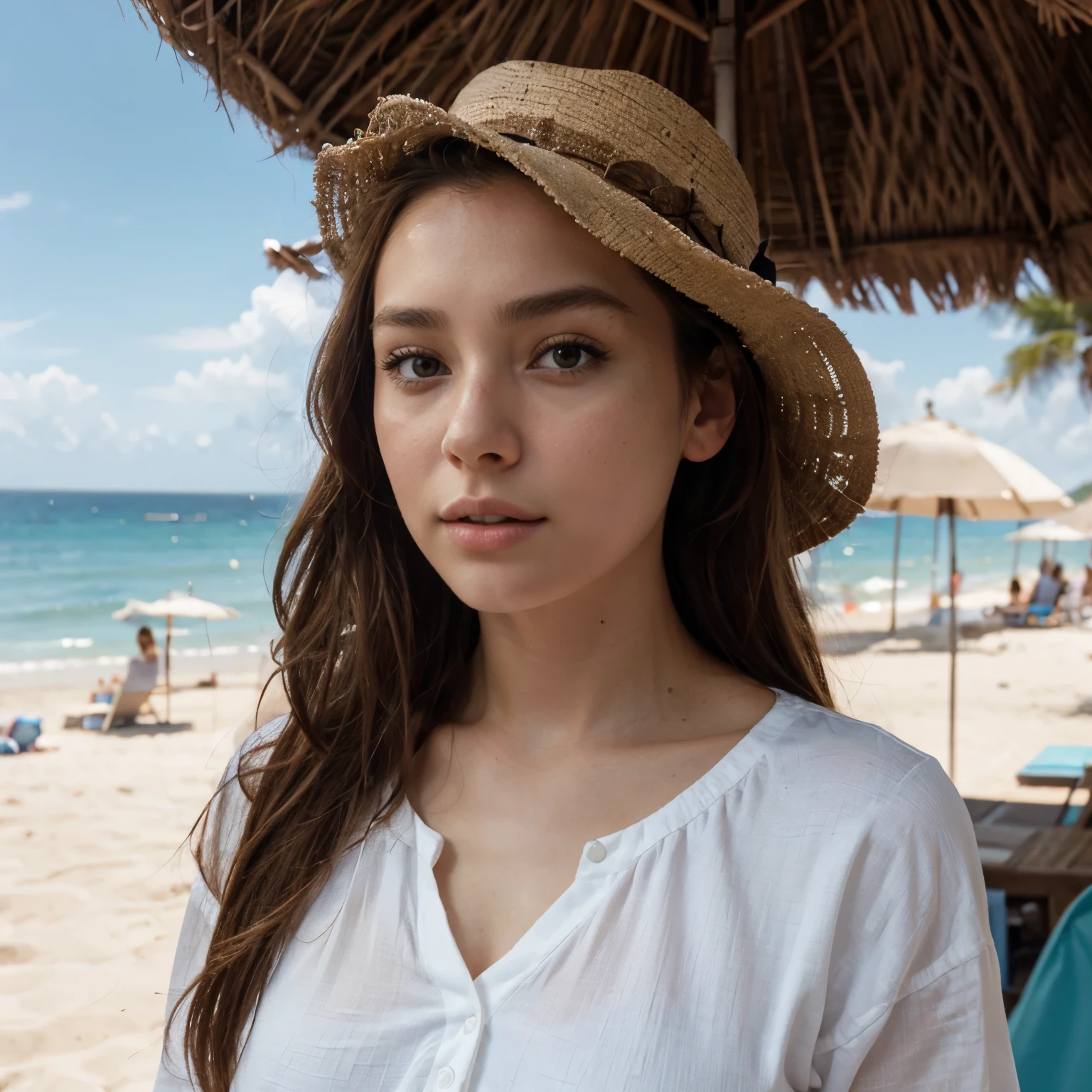 1 woman ((sea selfie, happy)), masterpiece, best quality, ultra-detailed, on the beach, (day), nature, cheerful, looking at the sea, happy, backpack, beach hat, pink shirt small sleeve closed, shadows, contrast, clear sky, style, (warm hue, warm tone: 1.2), close-up, cinematic light, side lighting, ultra high resolution, best shadow, RAW, body face part, serious look, breasts normal, 4k, portrait sophie mudd, thick neck, 19 year old female model, latina, angelawhite, violet myers, 22 years old, 21 years old, profile image, italian, italian latina, Alycia Debnam-Carey, hazel eyes, realistic, post-processing, maximum detail,