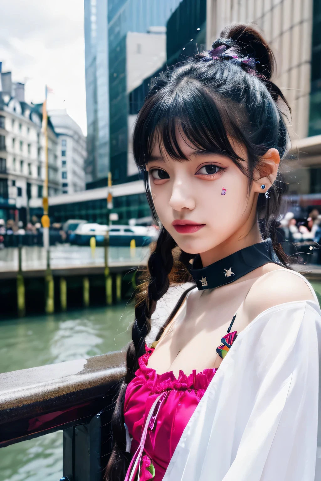 8k、High resolution、punk fashion、beautiful girl、slender body、young、colorful costumes、white skin、piercing on face,narrow eyes、london cityscape,high nose