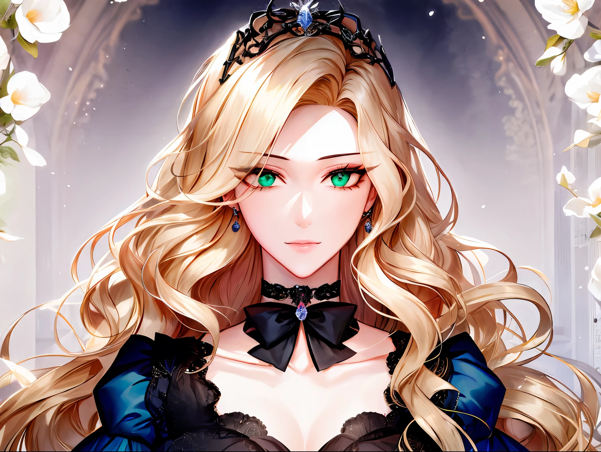 shoujo-style, floral background, romance manhwa, 1girl, blonde hair, solo, long hair, flower, dress, tiara, white dress, gloves, long sleeves, choker, green eyes, mascara, makeup, white gloves, black bow, black flower, wavy hair, bow, jewelry, looking at viewer, white background, collarbone, puffy sleeves, silver accessories, upper body, parted bangs, very long hair, blue dress, frills, bangs, closed mouth, detailed eyes, (close up), gleaming skin, shiny glossy skin