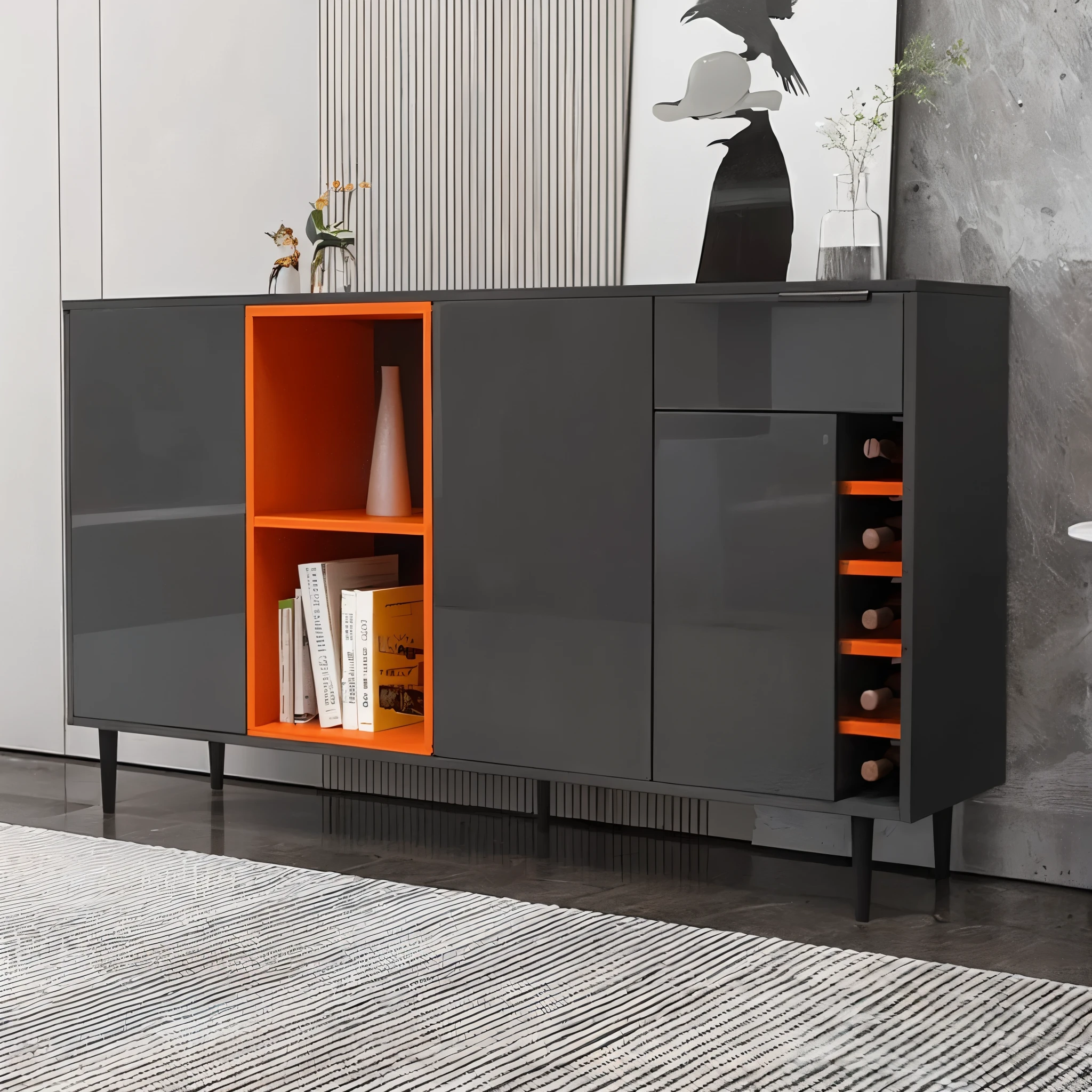 there is a black and orange cabinet with a shelf and a vase, 深gray and orange colours, gray orange, gray and orange colours, cupboard家具, orange gray white, black and orange, painted, style furniture, deep blues + dark orange, Full of energy and vitality, modern gallery furniture, inspired by Viktor de Jeney, cupboard, that old man