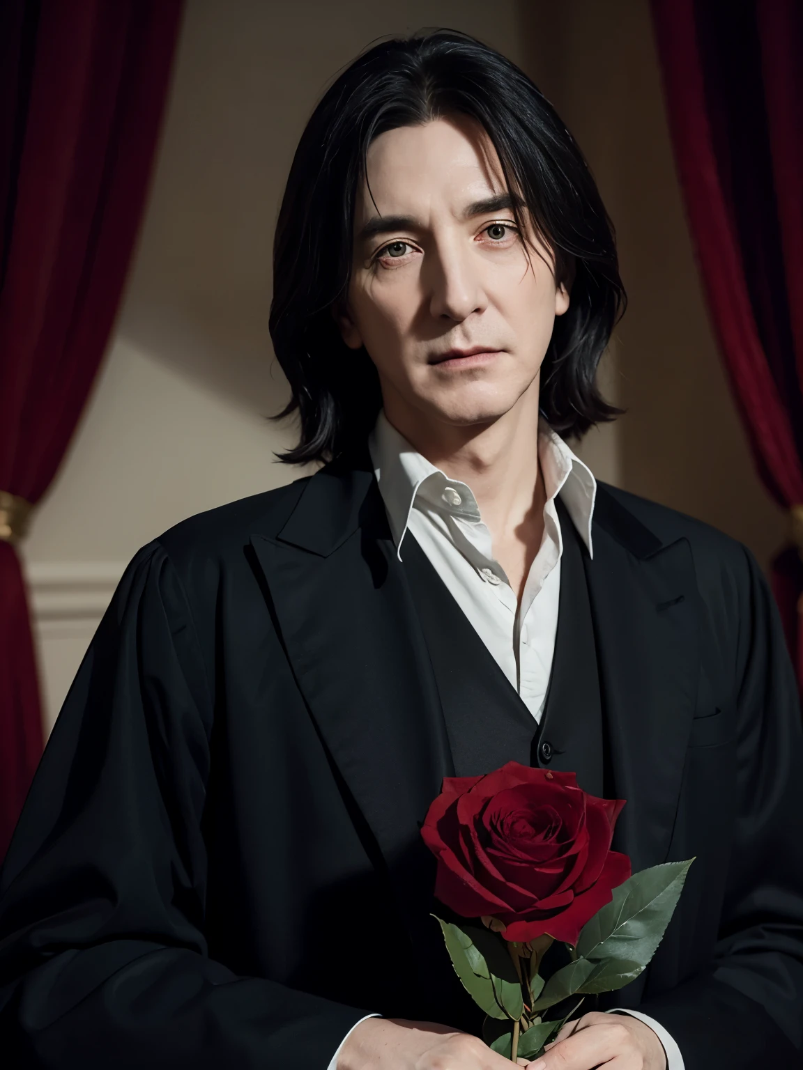 Professor Severus Snape,Red rose,gentle and elegant,Exquisite,meticulous portrait