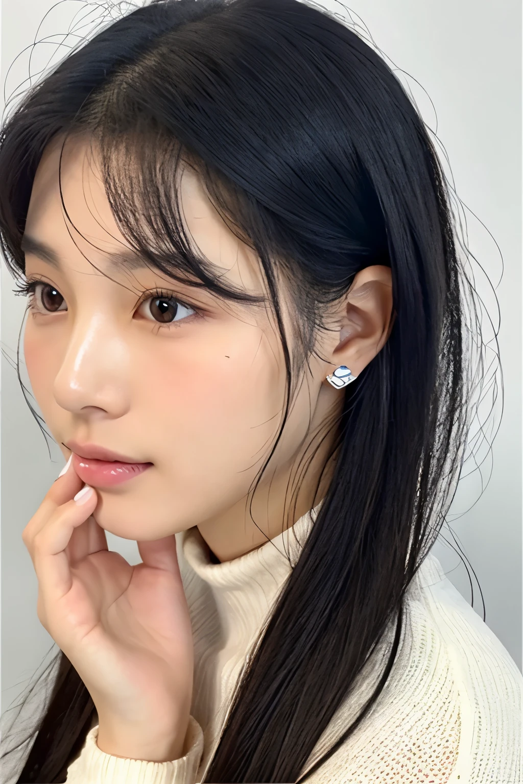 Korean woman in her 20s、white sweater、cute、black hair、clear、white background、The bridge of my nose passed、model、white skin、Shiny skin、bust shot、Crisp double、plastic surgery face、profile、Portrait、long eyelashes、putting his hand on his cheek