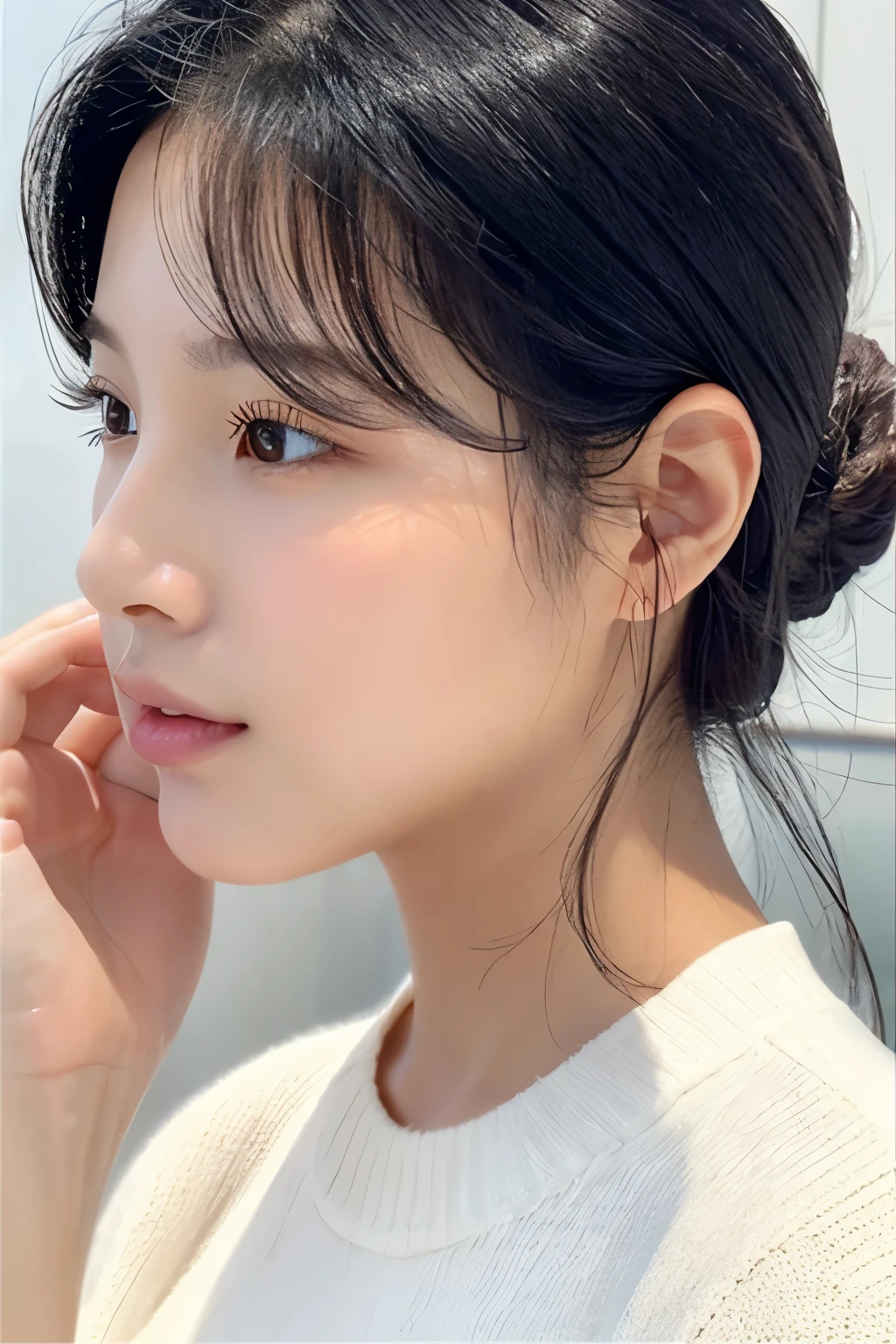 Korean woman in her 20s、white sweater、cute、black hair、clear、white background、The bridge of my nose passed、model、white skin、Shiny skin、bust shot、Crisp double、plastic surgery face、profile、Portrait、long eyelashes、putting his hand on his cheek