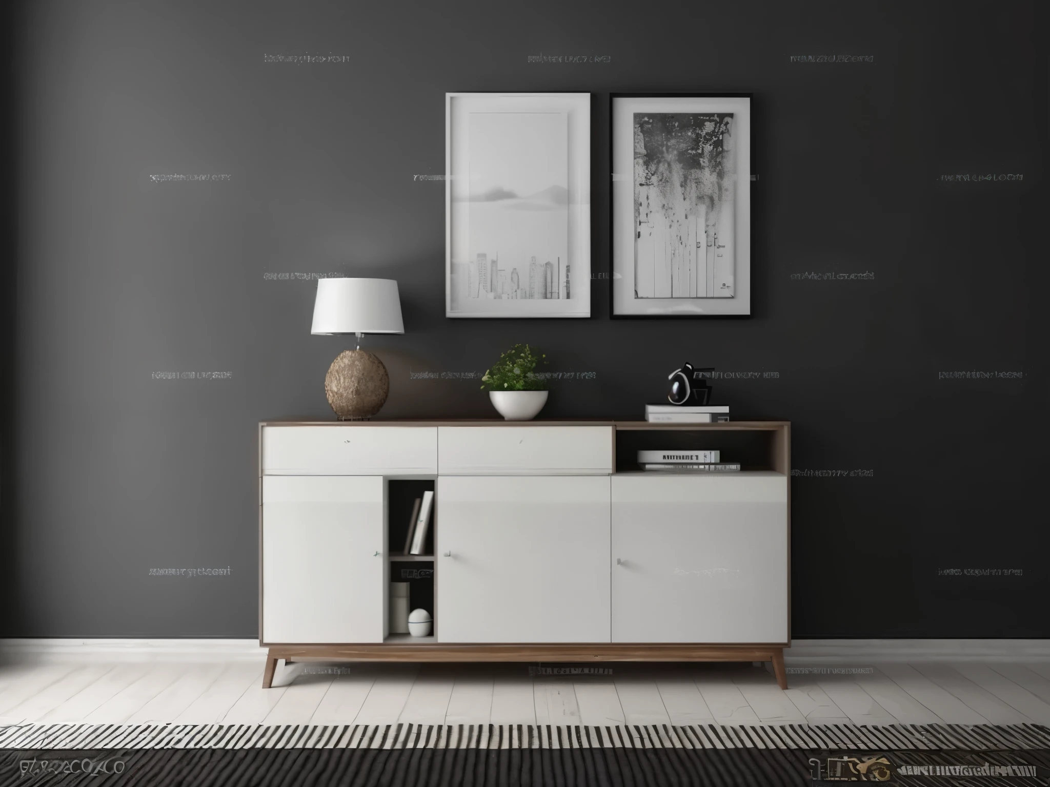 A white and black sideboard,there is a light on it,Pictures on the wall, furniture photography, vray 8k rendering, High quality 3D rendering, High quality 3D rendering, Ultra-realistic rendering of details, High quality rendering, rendervray, vray rendering, High quality rendering, 3 d vray rendering, High quality renderinging, 8k vray rendering